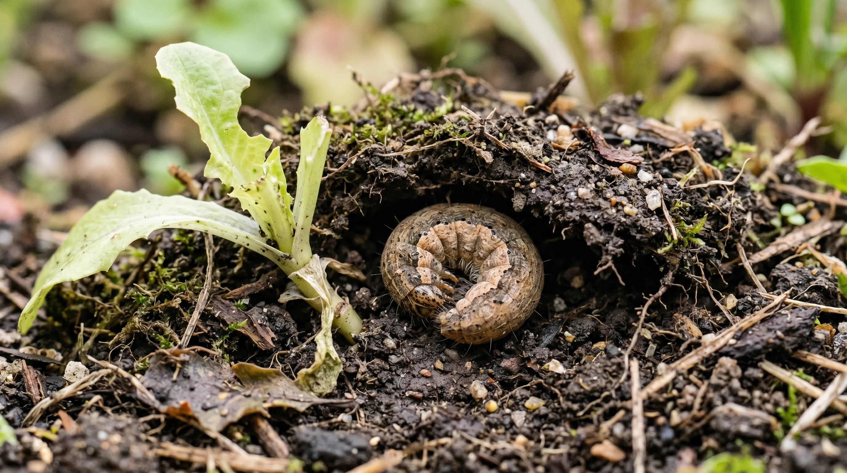 Macro photograph cutworm caterpillar curled C-shape under soil surface in UK kitchen garden bed identified species Agrotis segetum