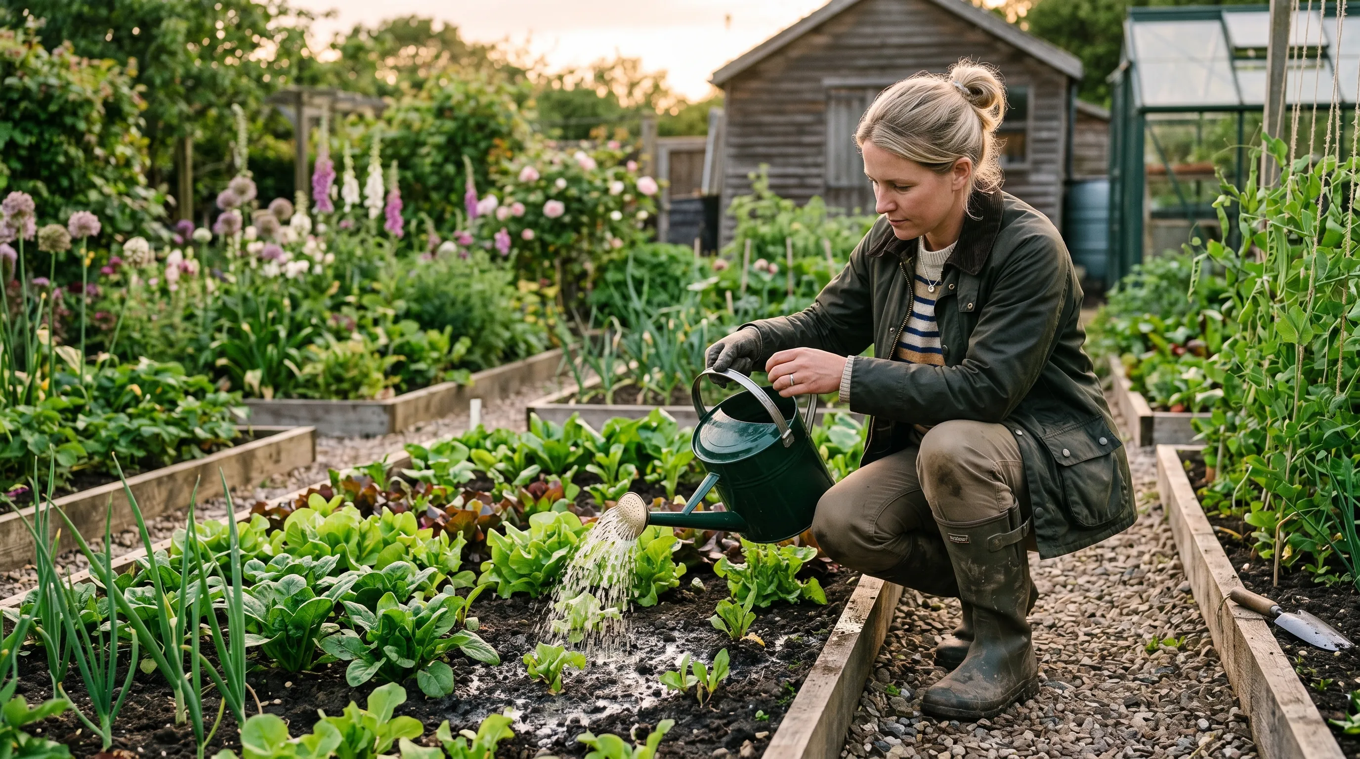UK gardener applying nematode soil drench to vegetable bed with watering can in late May
