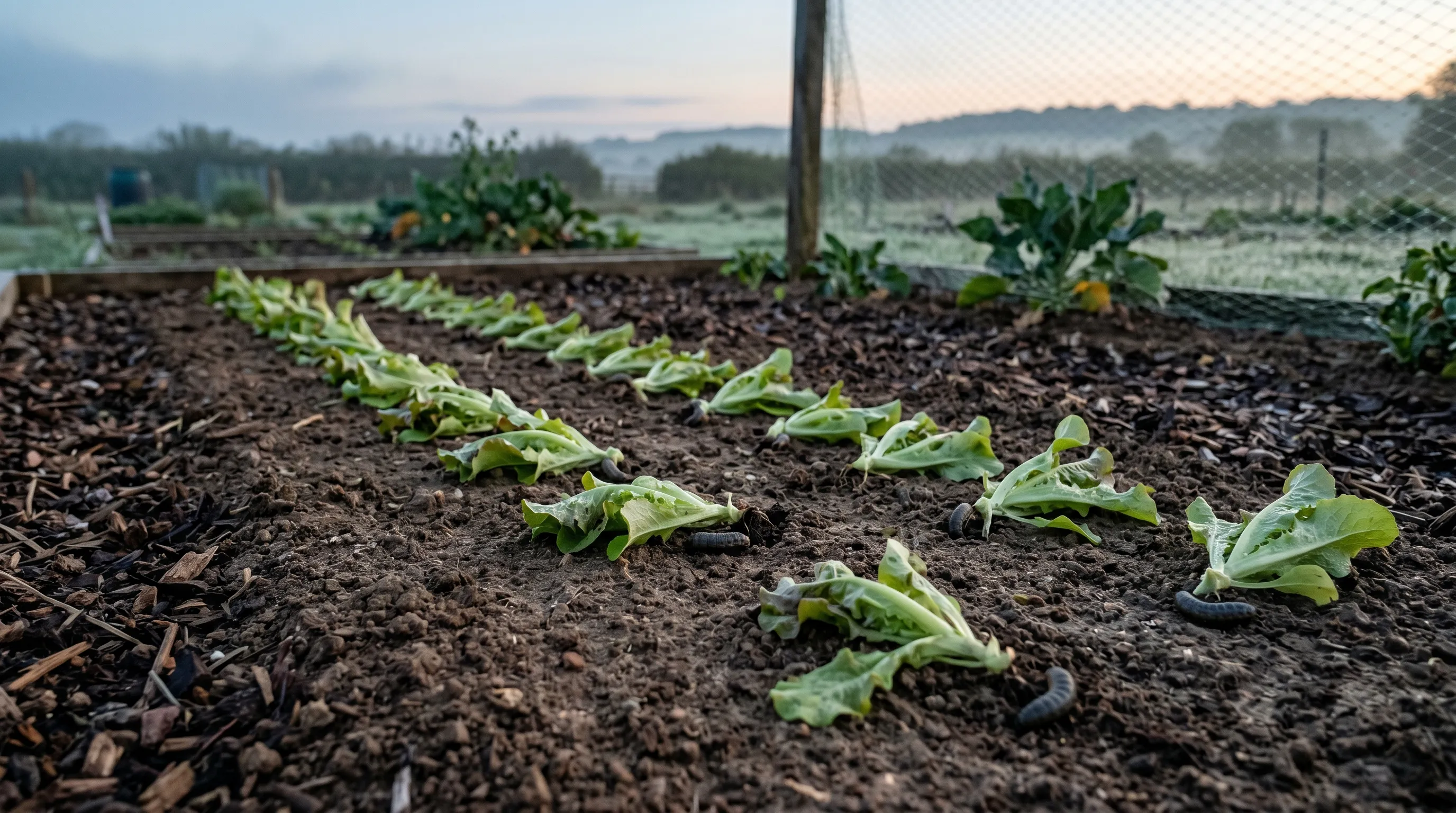 Severed lettuce seedlings flat on the bed in early morning after cutworm overnight feeding UK kitchen garden