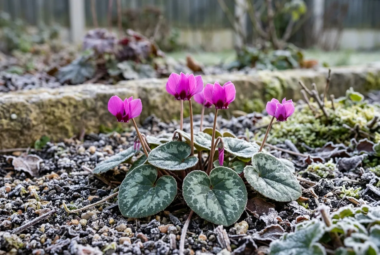Cyclamen coum flowering in a frosty UK garden border with silver-patterned leaves and magenta blooms