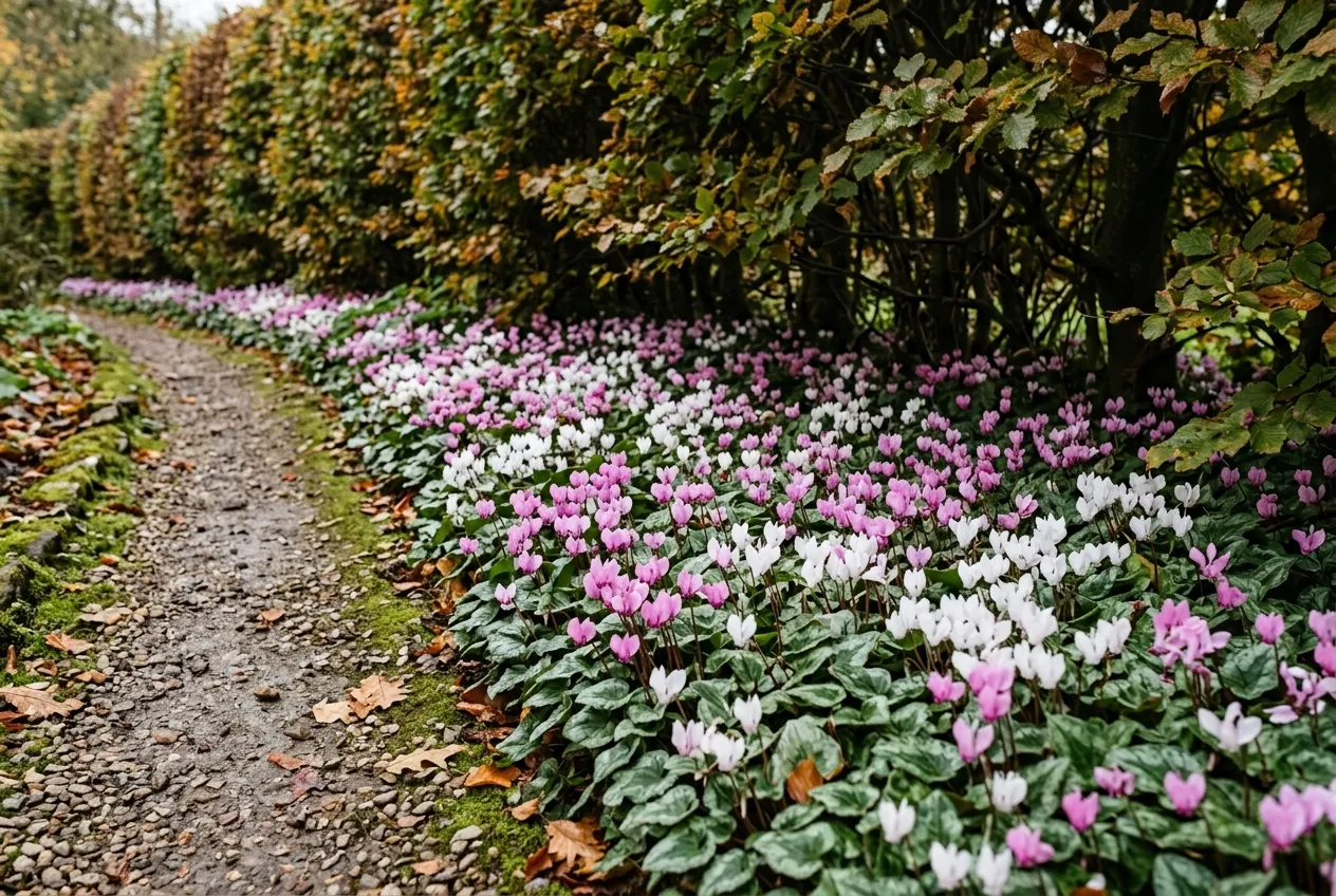 A naturalised colony of cyclamen hederifolium growing beneath a beech hedge in a UK garden with pink and white flowers
