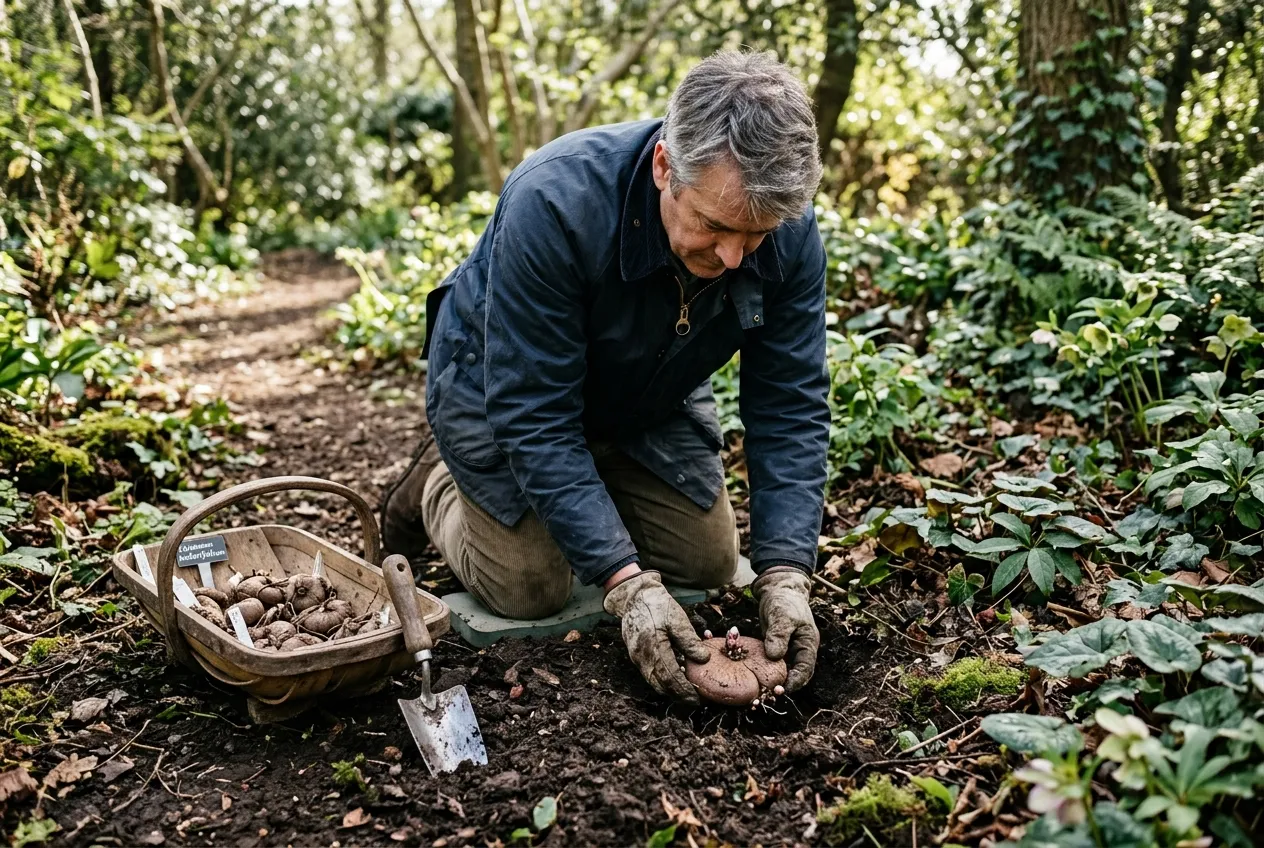 A gardener planting cyclamen tubers in a shady UK woodland garden border beneath deciduous trees