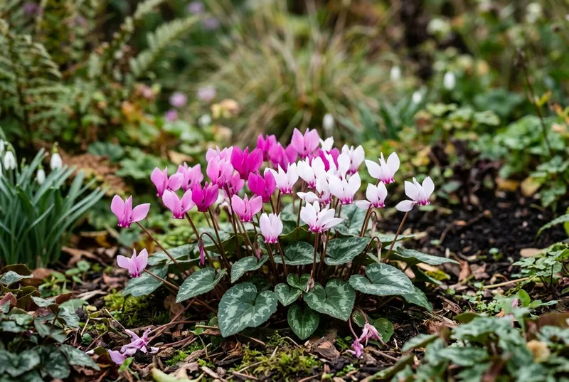 Cyclamen (Cyclamen hederifolium) growing in a UK garden