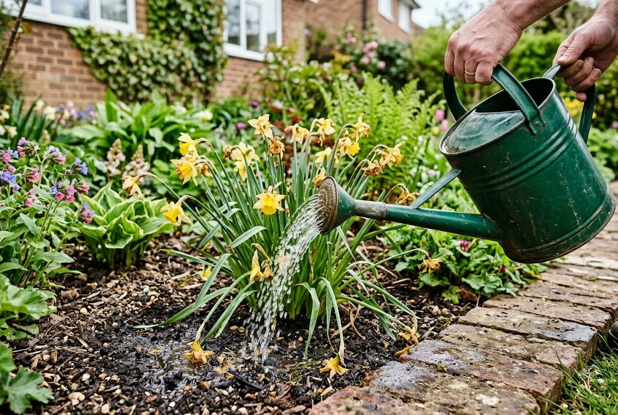 A watering can applying high-potash tomato feed to a clump of daffodils with fading flowers in a UK suburban garden border in April