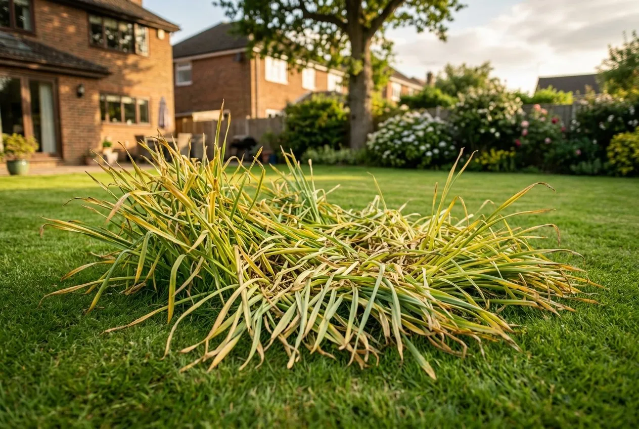 Daffodil foliage left to die down naturally and yellowing in a UK lawn in late May, showing the six-week feeding period before the leaves are removed