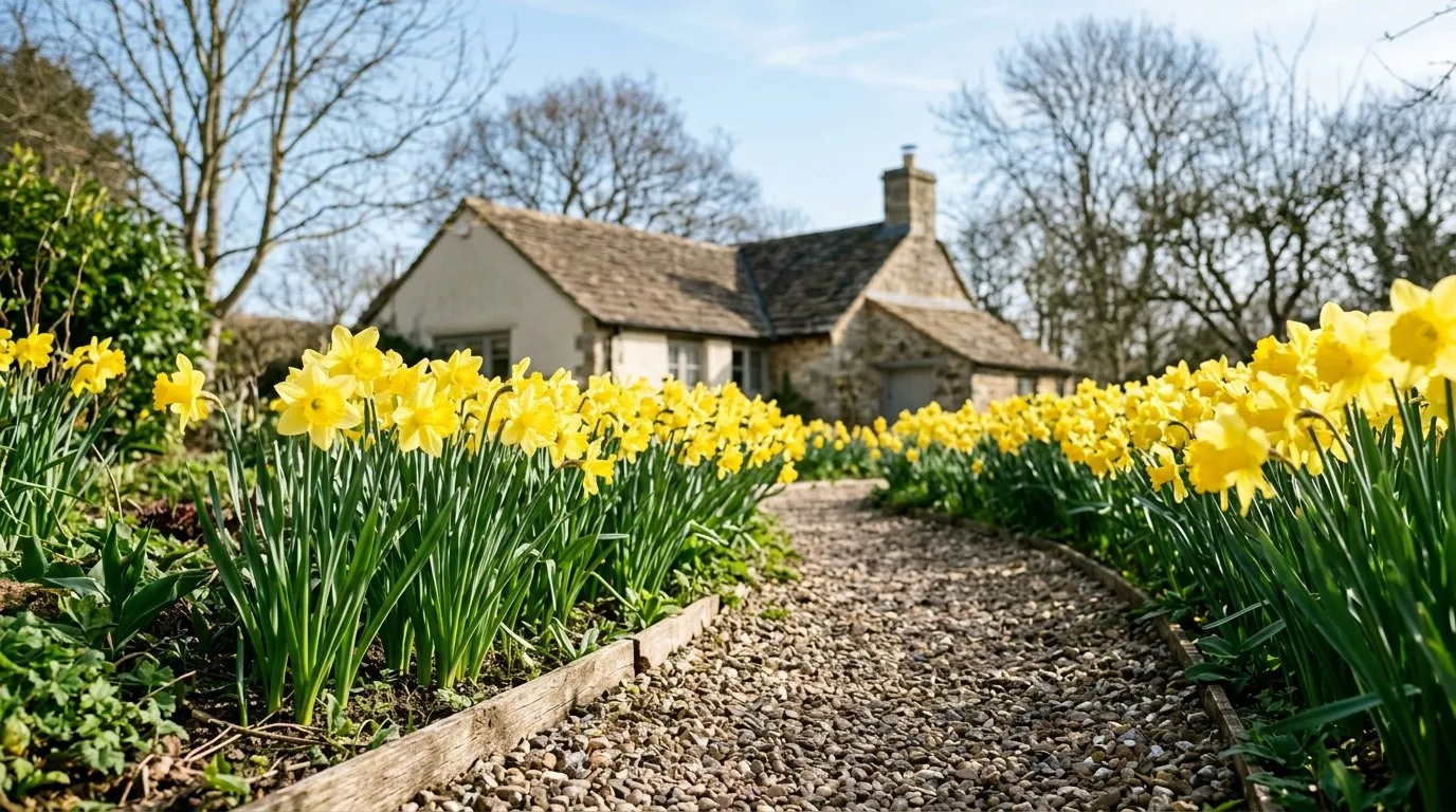 Healthy daffodils in full flower along a UK garden path in spring, showing the strong yellow trumpets you get when bulbs are fed and divided correctly