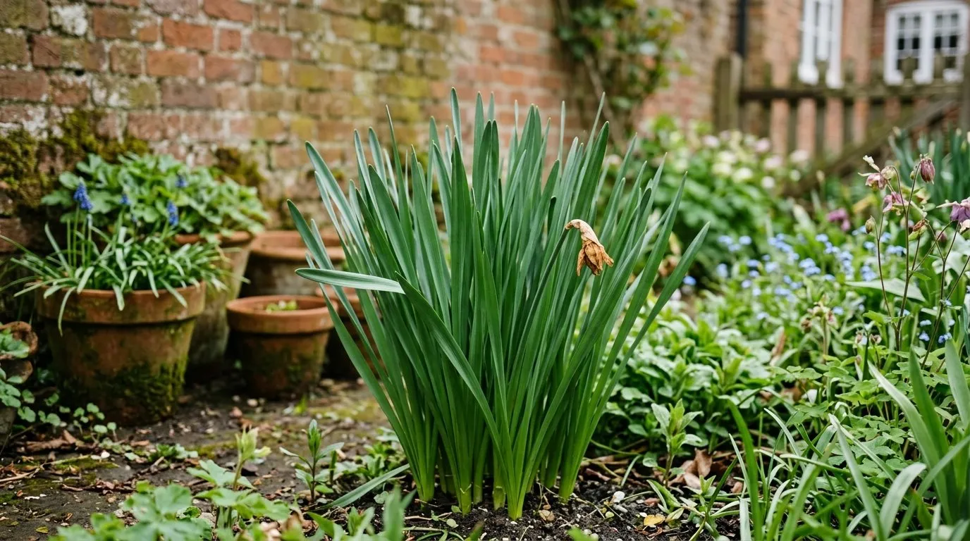 A clump of blind daffodils in a UK cottage border showing tall green leaves and no flowers, with one withered bud, in mid-April