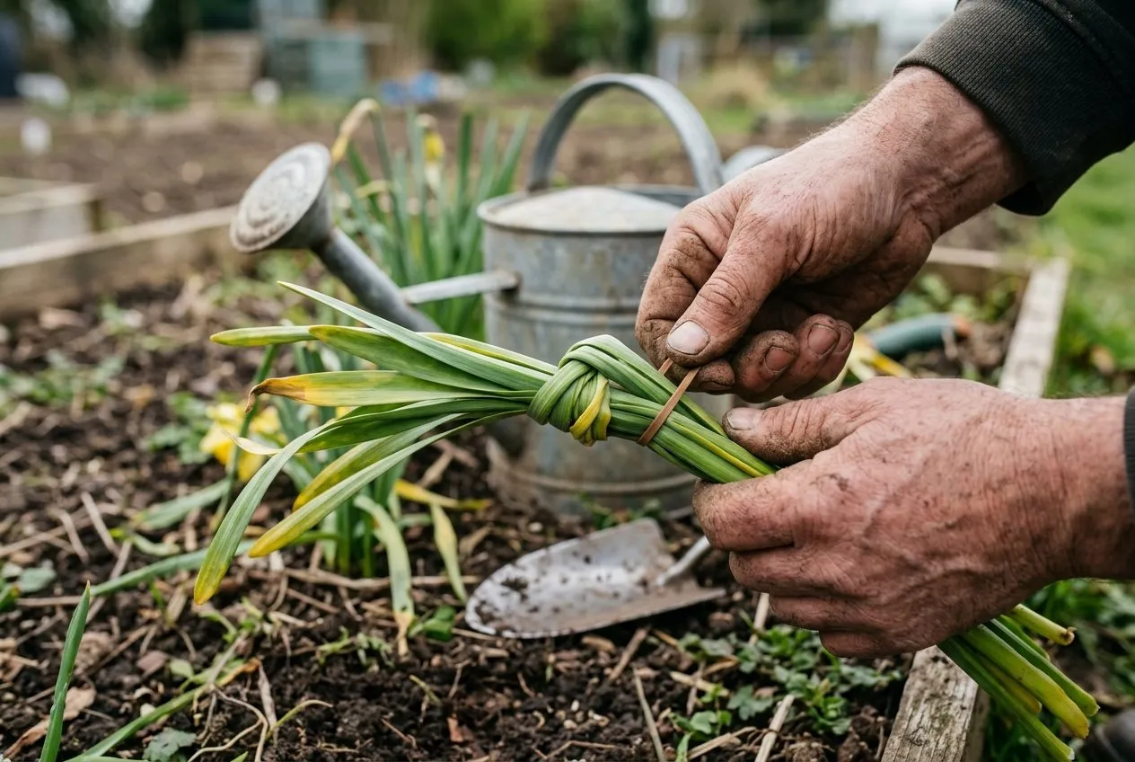 A UK gardener's hands holding daffodil leaves folded and tied into a knot with an elastic band, illustrating the wrong way to manage dying foliage