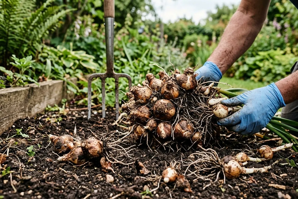 A congested clump of daffodil bulbs lifted from a UK garden bed in summer, being separated into individual bulbs and offsets on the soil