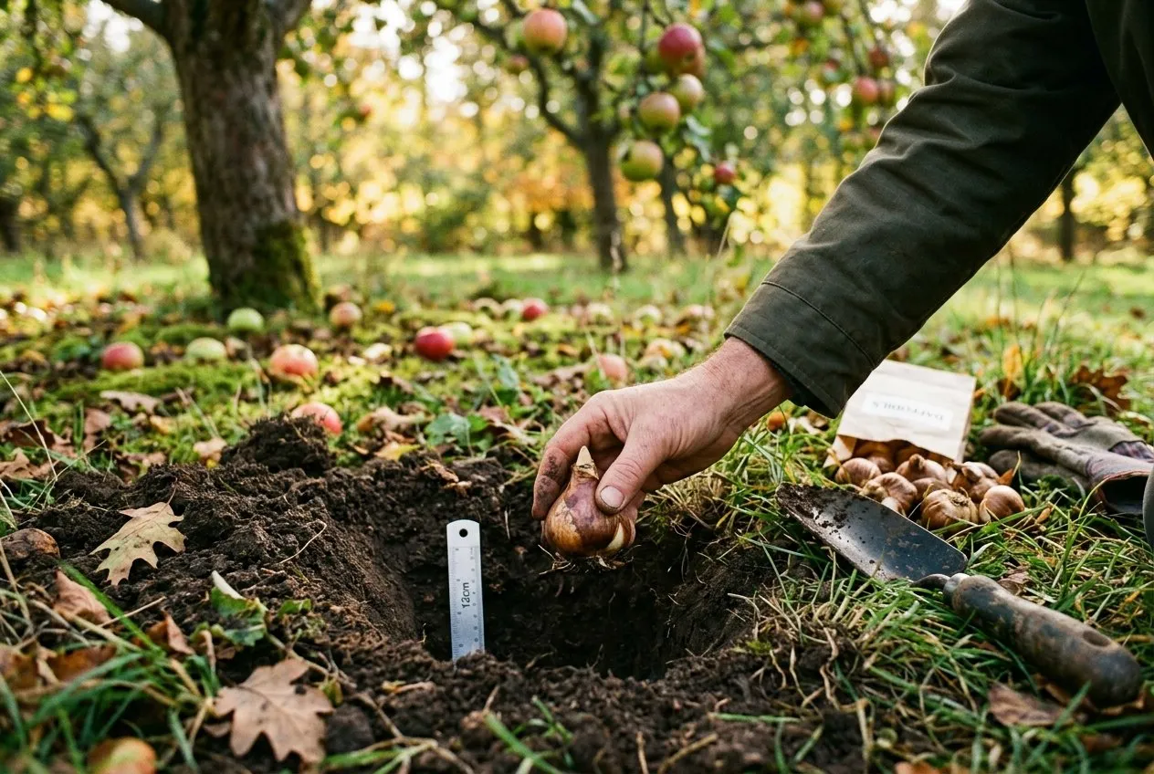 A gardener placing daffodil bulbs into a deep planting hole at the correct 12cm depth in a UK orchard, with a trowel and more bulbs alongside