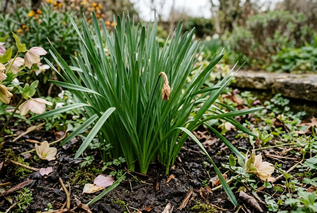 A clump of blind daffodils in a UK cottage garden border showing only tall green strap-like leaves and no flowers in mid-April