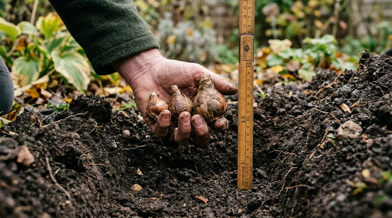 A gardener's hand holding three daffodil bulbs of varied sizes beside a ruler showing the correct 15cm planting depth in UK soil