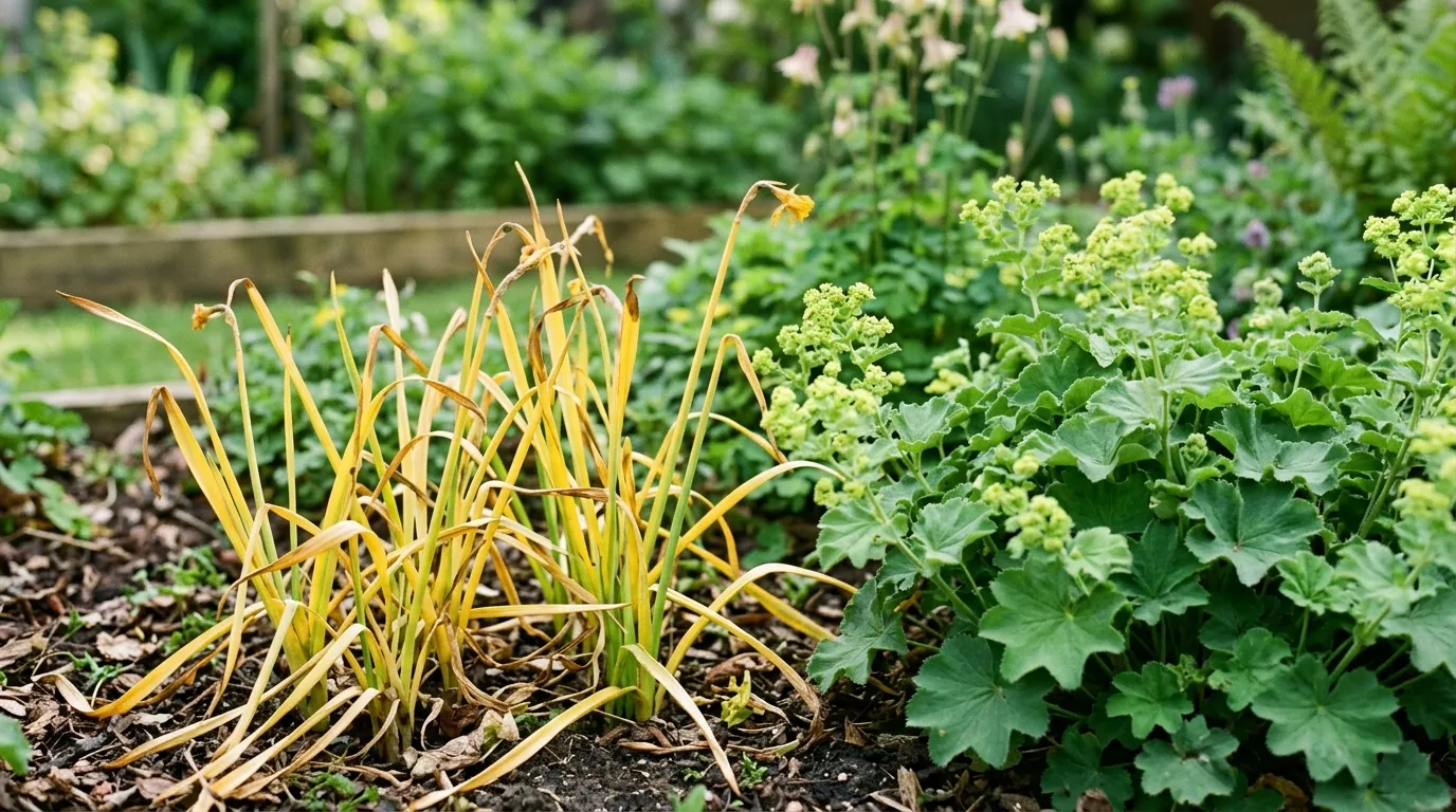 Loose upright daffodil foliage left to die back naturally in a UK border showing the correct post-flowering treatment