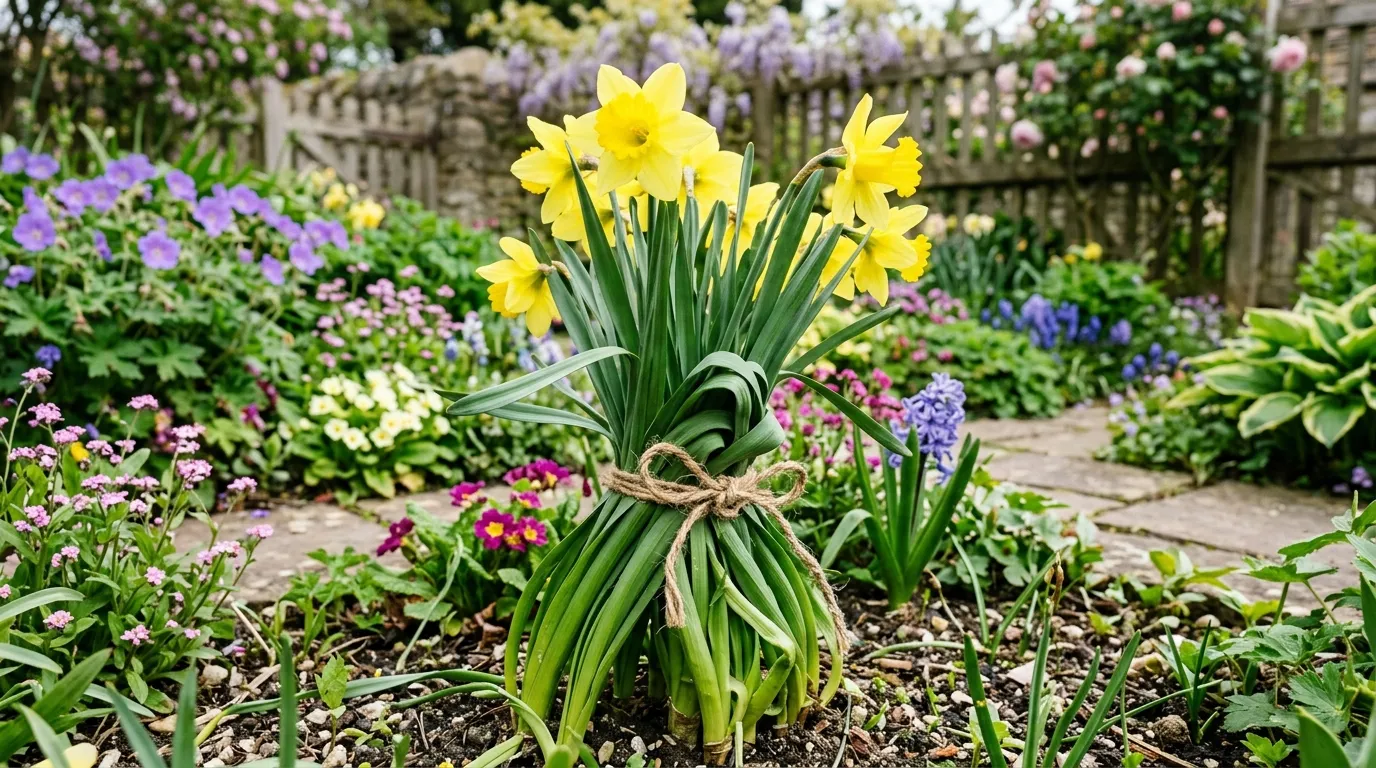 Yellow daffodil foliage tied in a knot showing a classic UK daffodil growing mistake in a cottage garden