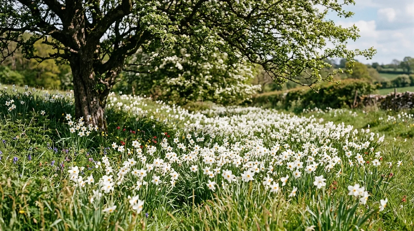 A naturalised drift of Narcissus 'Pheasant's Eye' under a UK hawthorn tree showing successful long-term perennialising