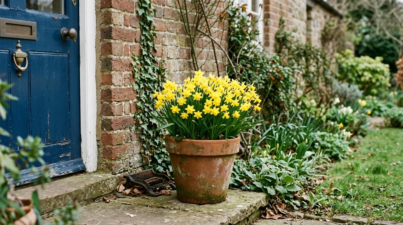 A 30cm terracotta pot of Narcissus 'Tete-a-Tete' on a UK doorstep showing correct container planting depth and compost mix