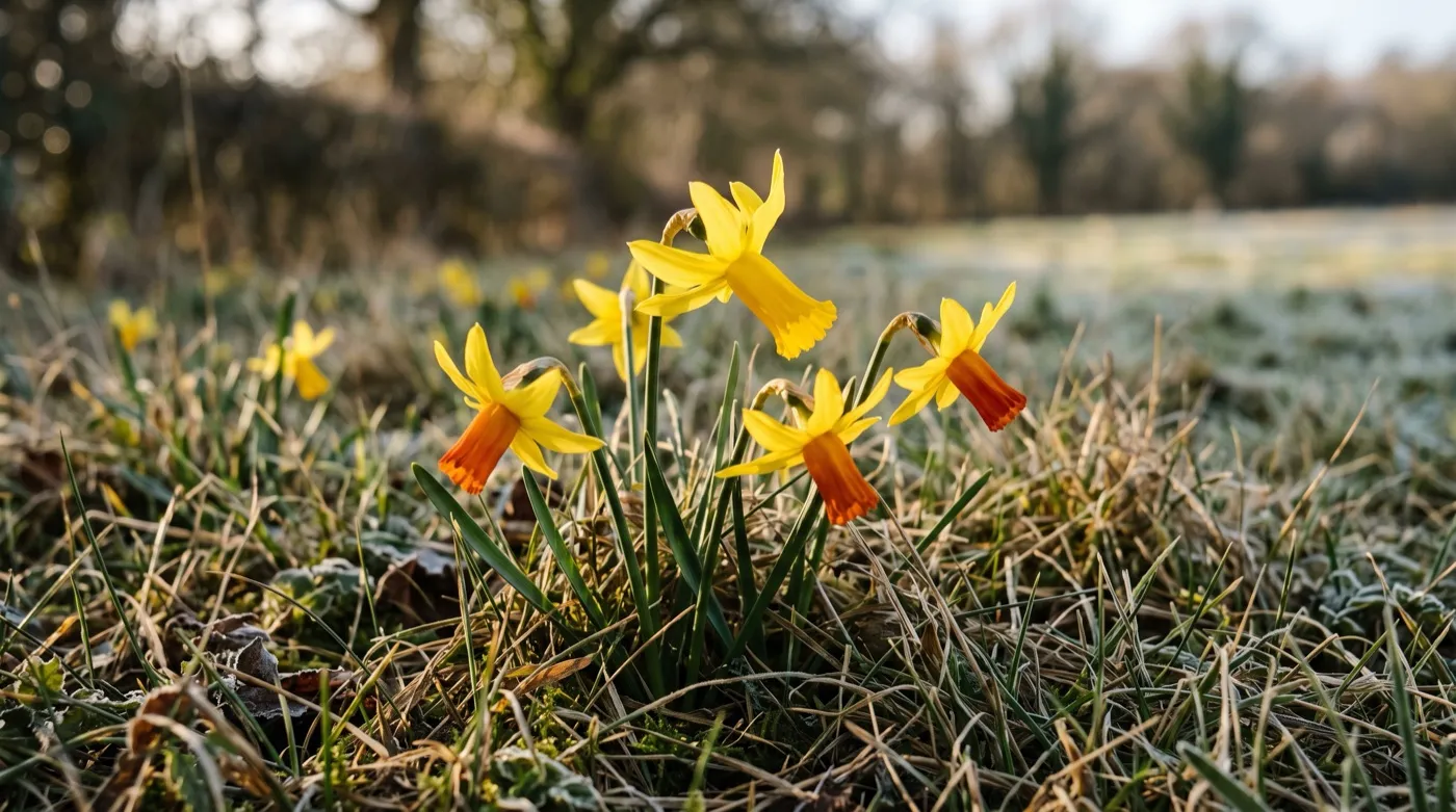 Cyclamineus daffodils with swept-back petals flowering in February grass, the division that naturalised best in the trial