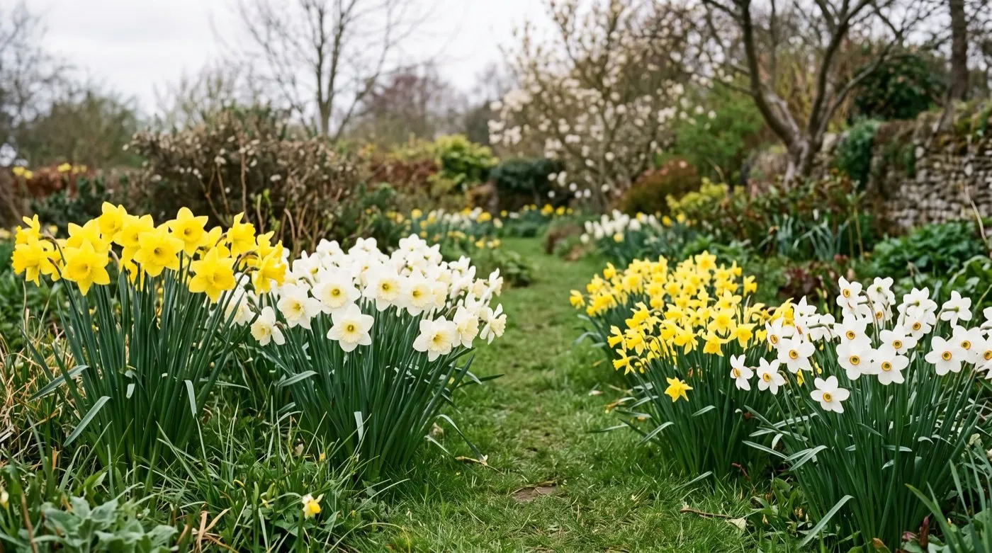 Daffodil types from several RHS divisions flowering together in a Staffordshire trial bed, showing trumpet, cup and reflexed forms