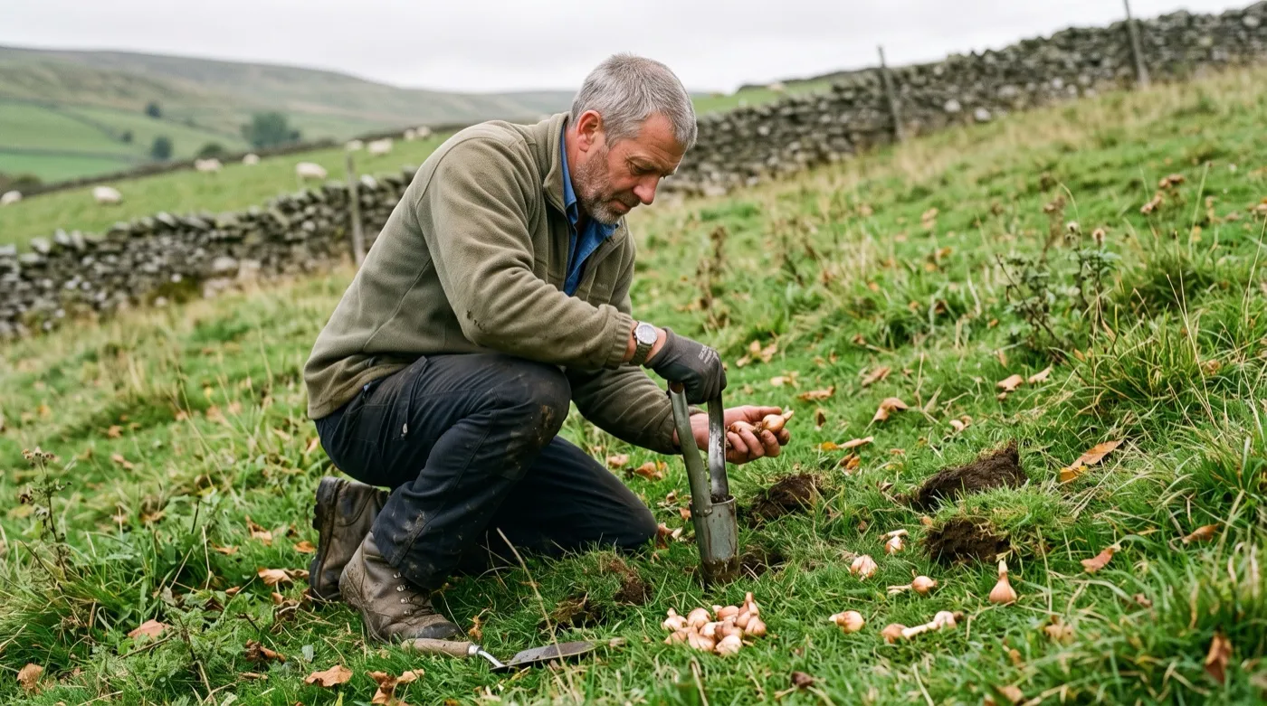 A man naturalising daffodil bulbs in rough grass on a slope, scattering bulbs and planting them where they fall