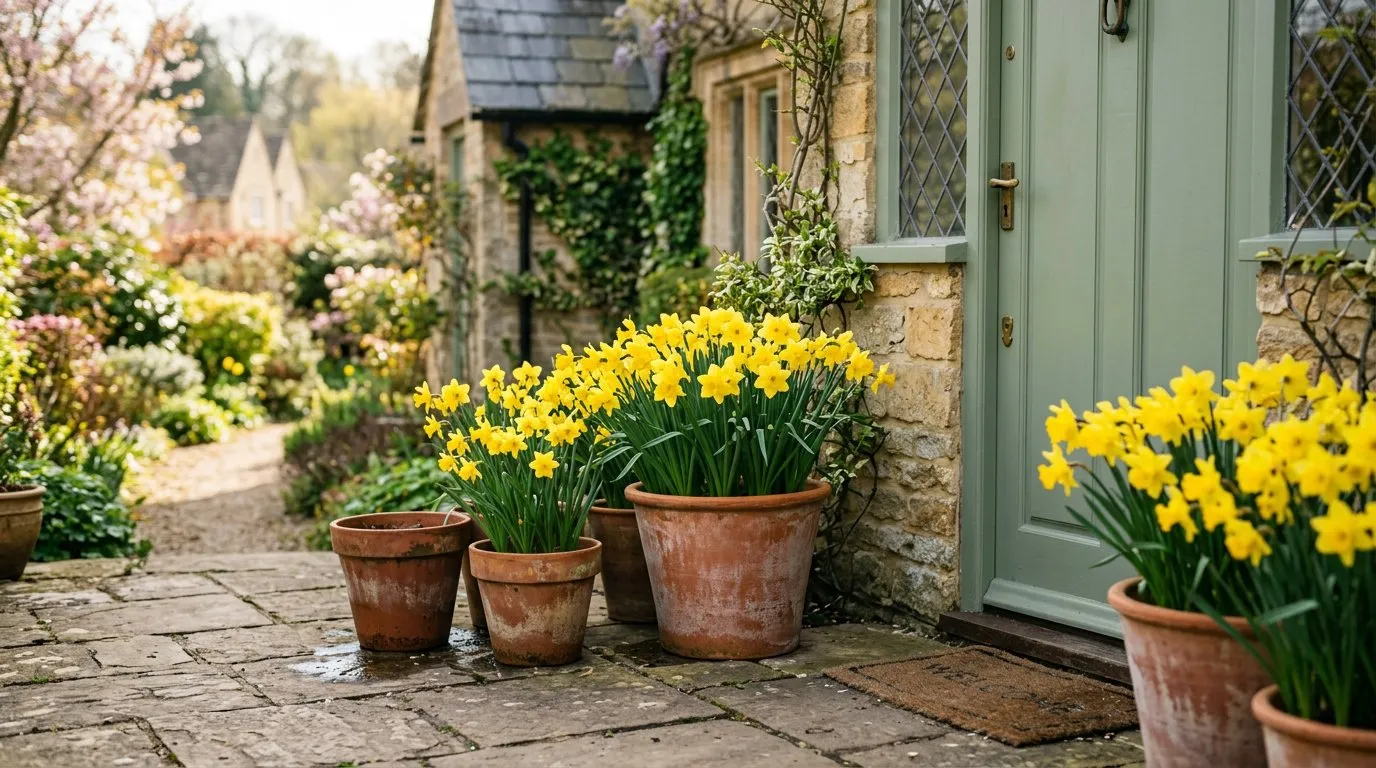 Terracotta pots of blooming yellow daffodils on a stone patio beside a Cotswold cottage front door