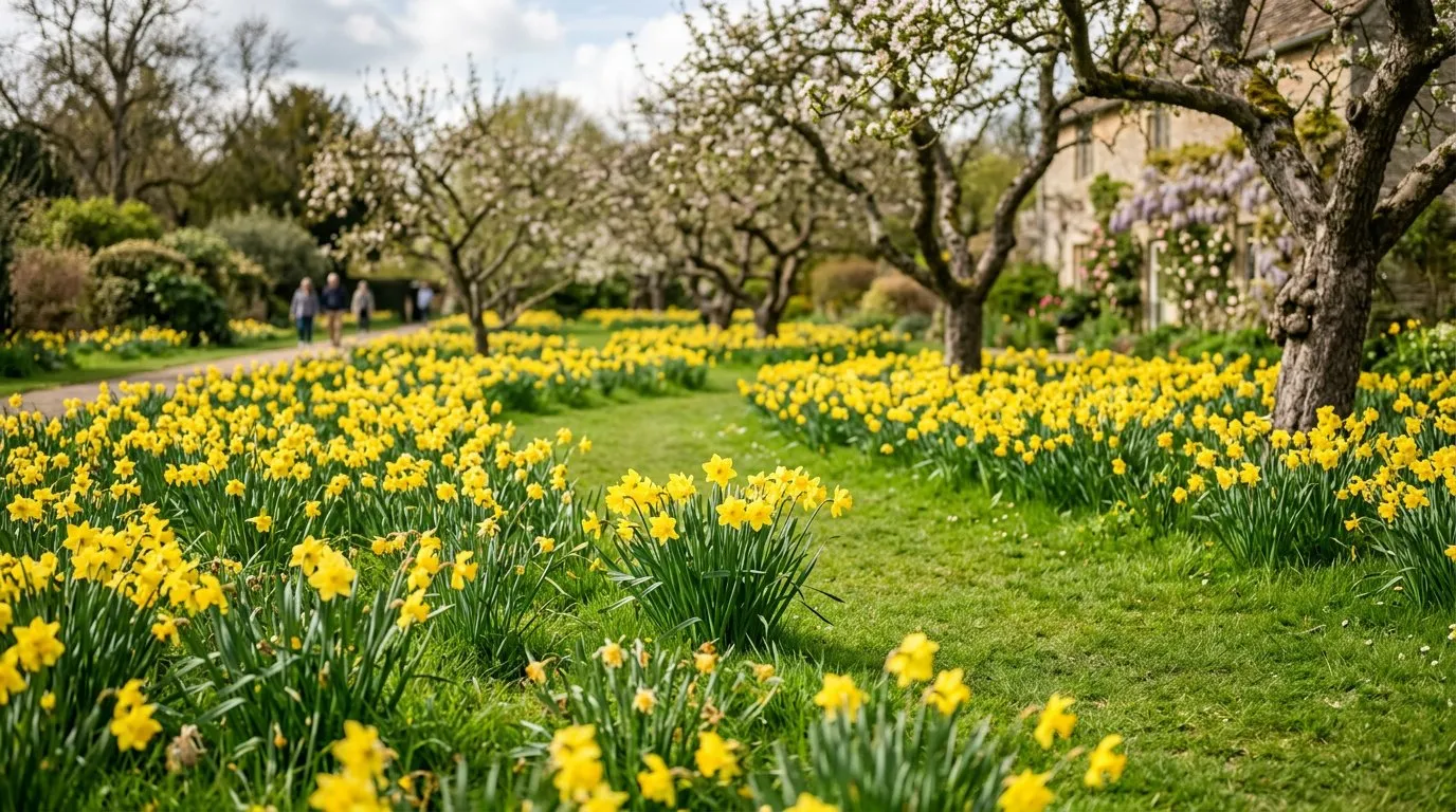 Golden daffodils naturalised in drifts across a green lawn beneath mature fruit trees in an English garden