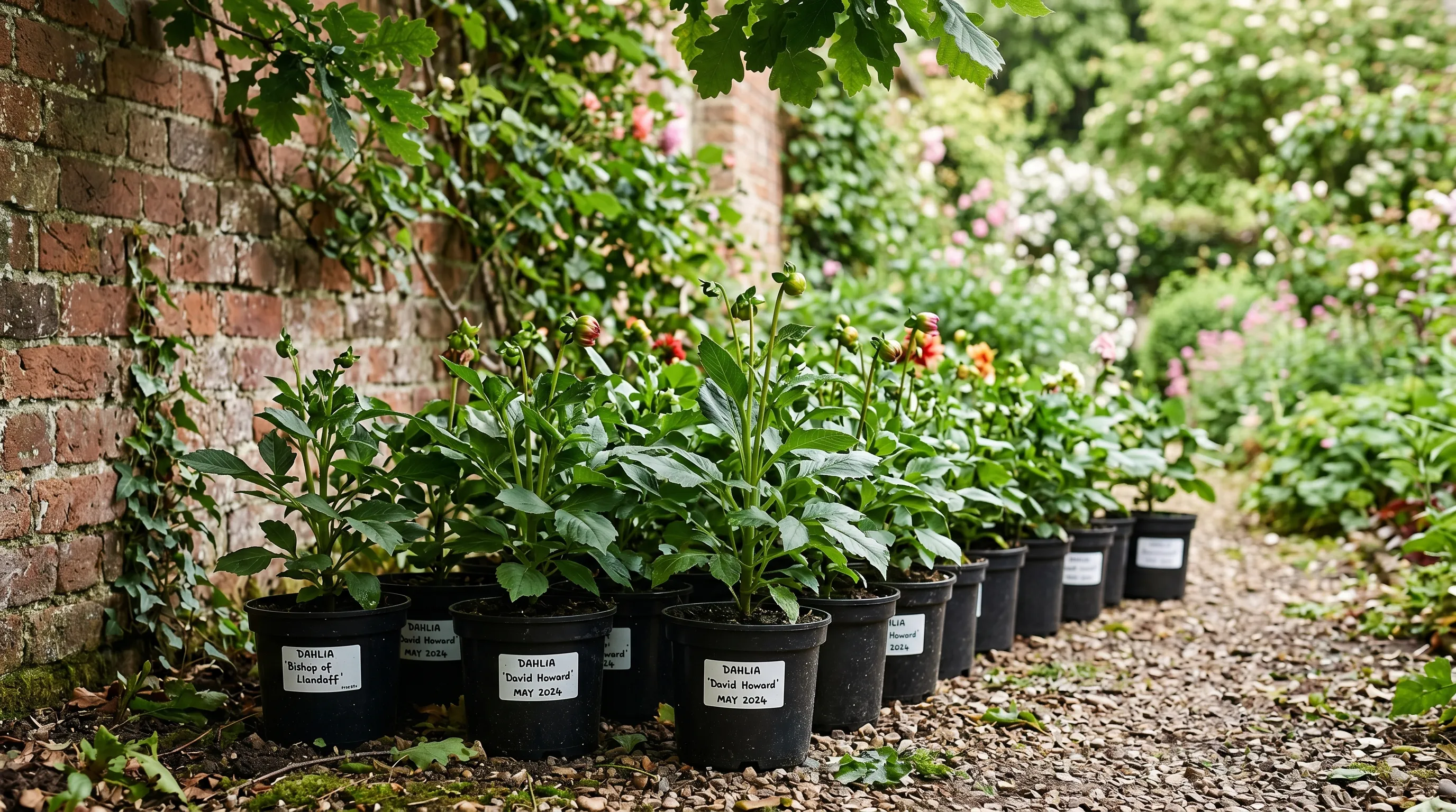 Young dahlia plants in black 1-litre pots arranged in dappled shade beside a brick UK garden wall for acclimatisation