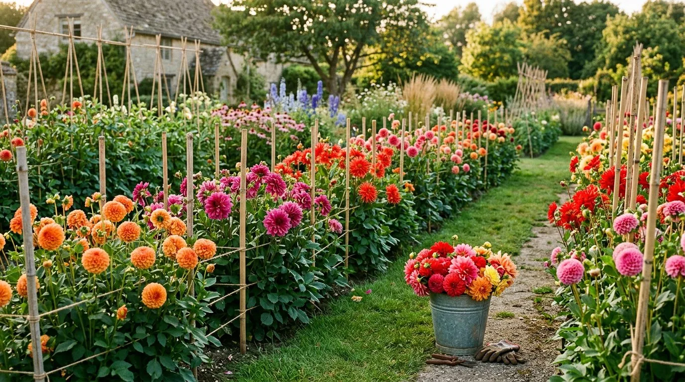 A row of colourful dahlias in full bloom along a sunny garden border in late summer