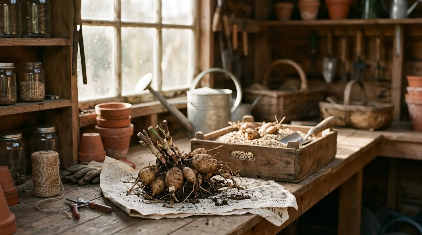 Dahlia tubers drying on a potting bench in a garden shed before winter storage