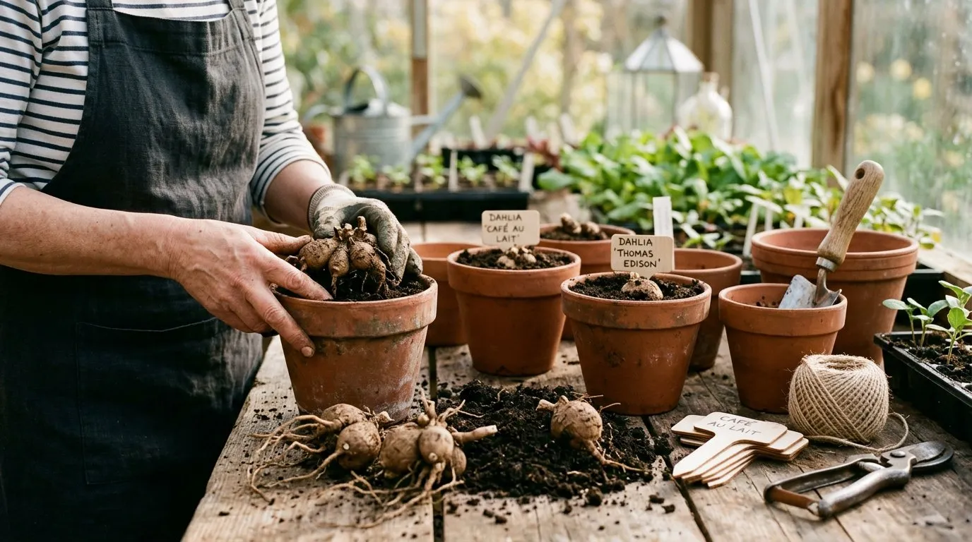Dahlia tubers being planted into a prepared garden border in spring