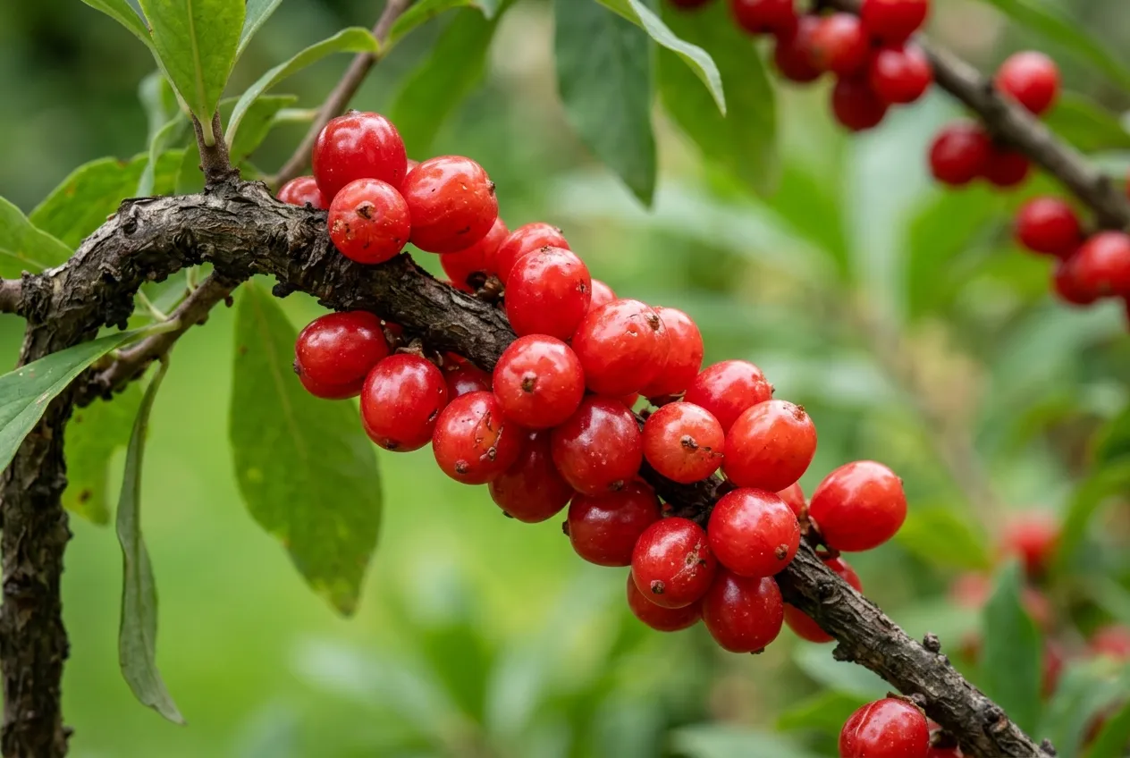 Close-up of bright red Daphne mezereum berries on a branch showing their toxic nature