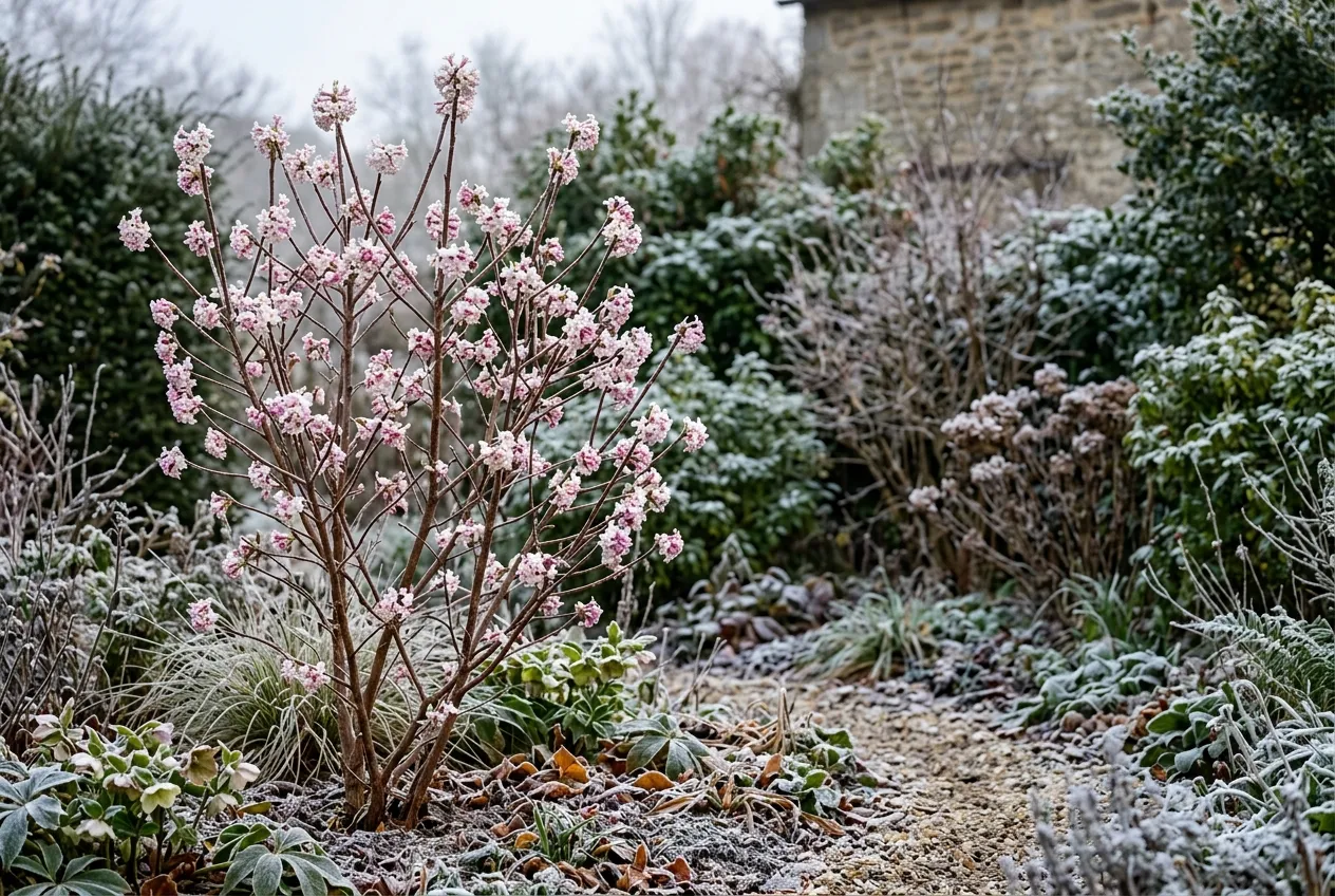 Daphne bholua Jacqueline Postill flowering in a winter UK garden with frosted ground