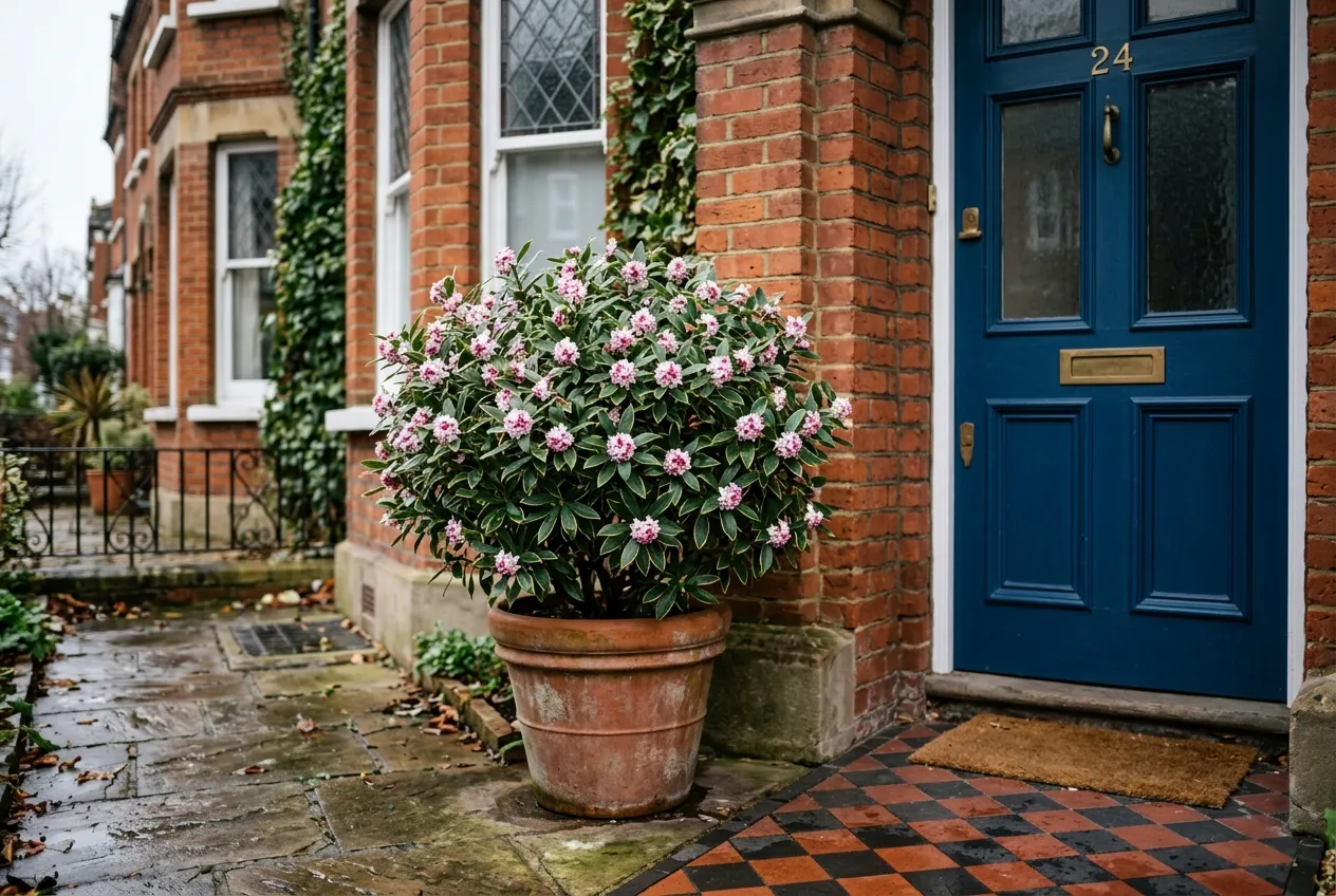 Daphne growing in a large terracotta pot beside a front door of a UK town house