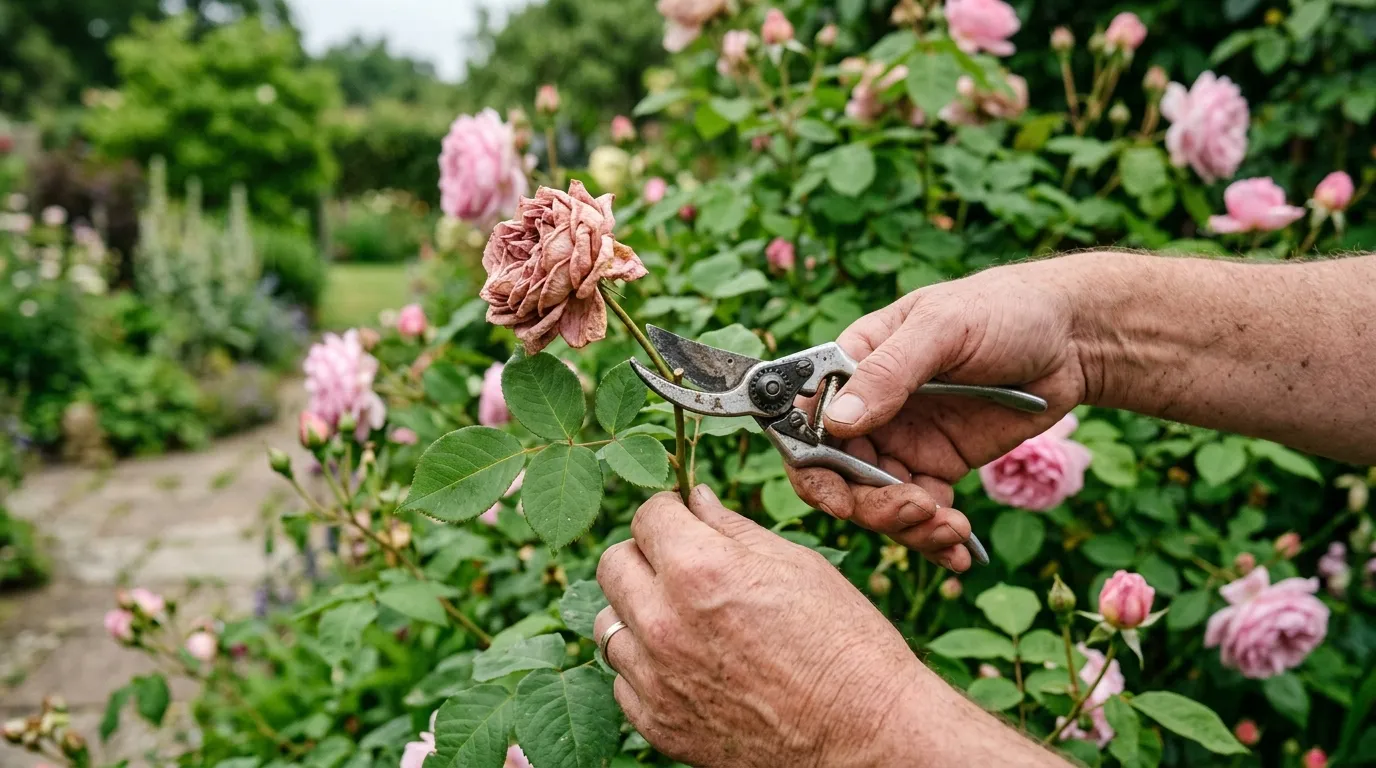 Hands deadheading a faded rose bloom with secateurs in a UK garden