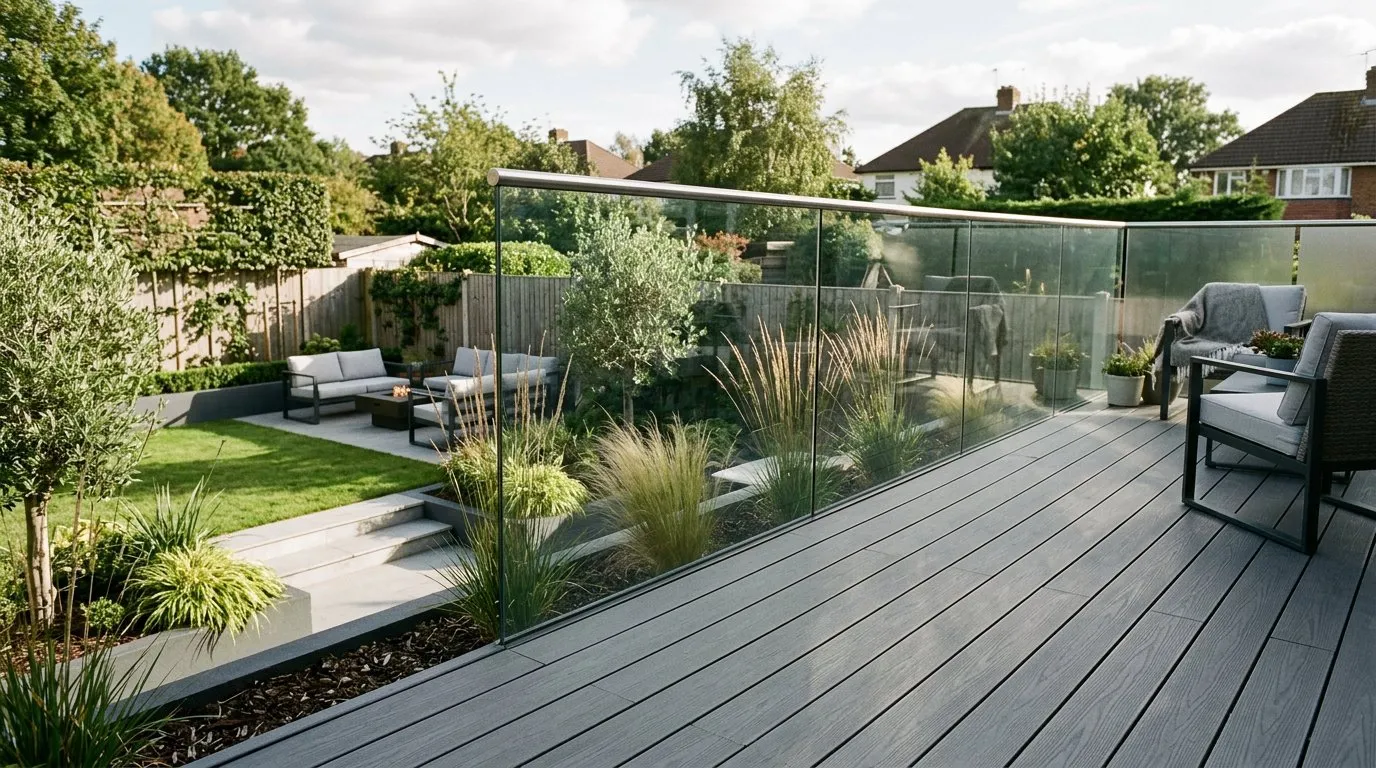Modern grey composite decking with glass balustrade in a contemporary UK garden