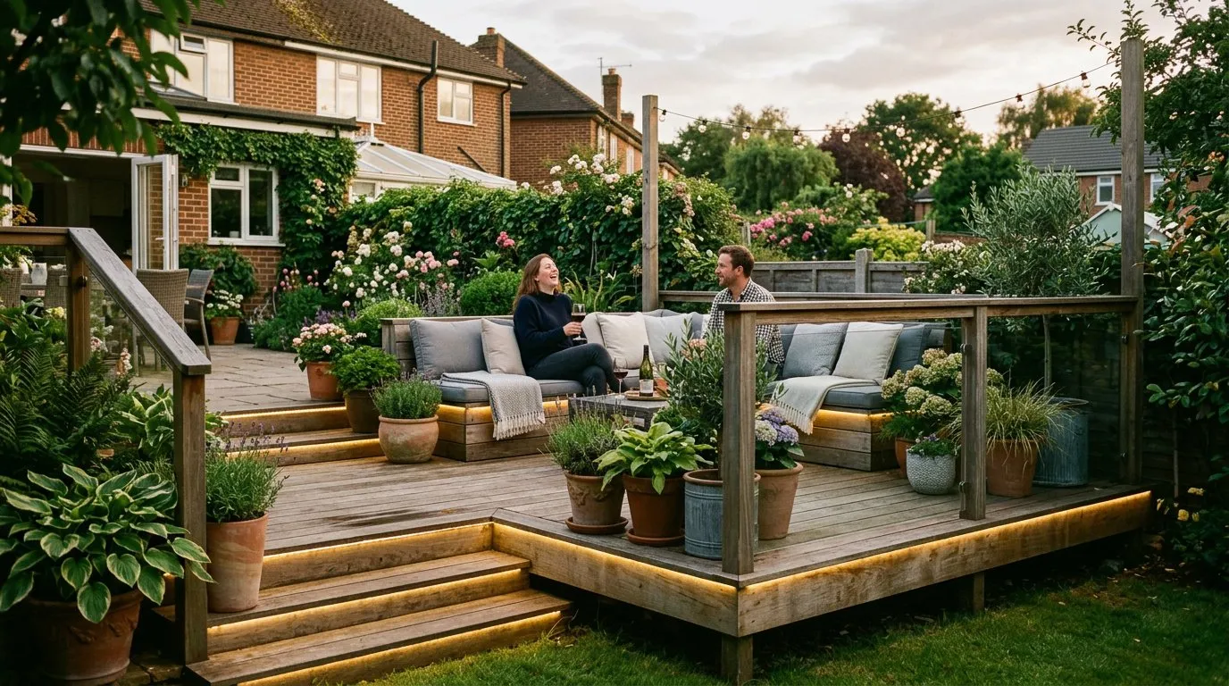 Raised timber decking platform with built-in seating and LED deck lights in a UK garden