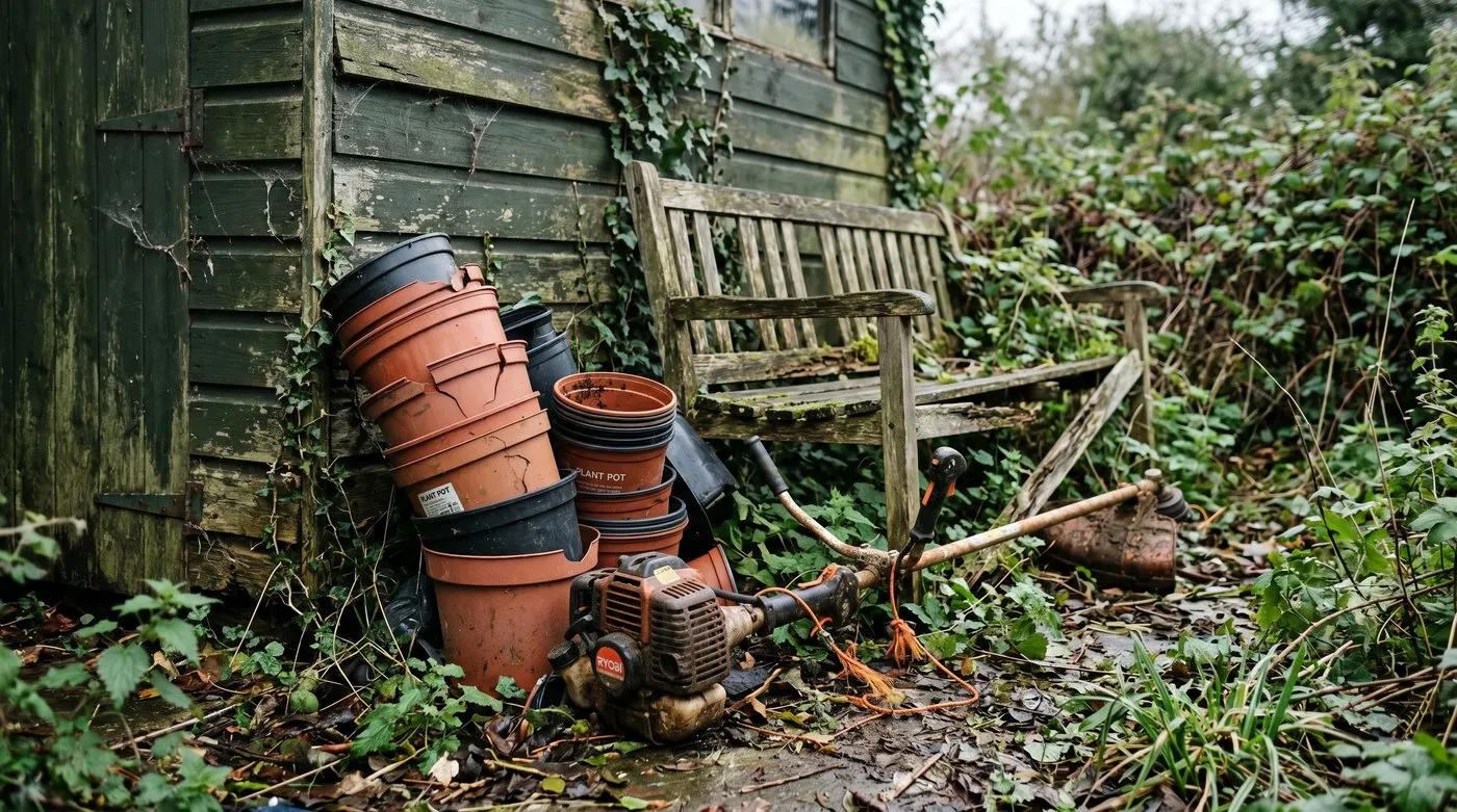 A cluttered corner of a garden with stacked old pots, a broken tool and a tired bench before tidying