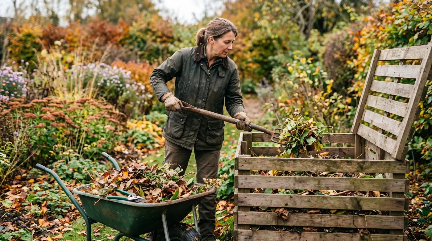 Soft garden waste and old prunings being loaded into a compost bin during a garden clear-out