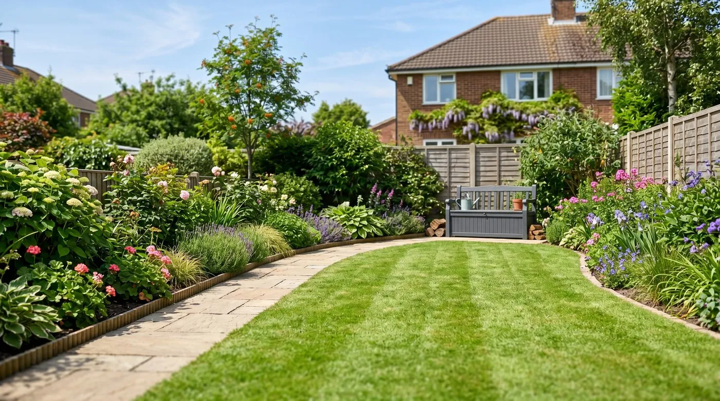 A calm, decluttered UK garden with tidy borders, clear paths and neat storage