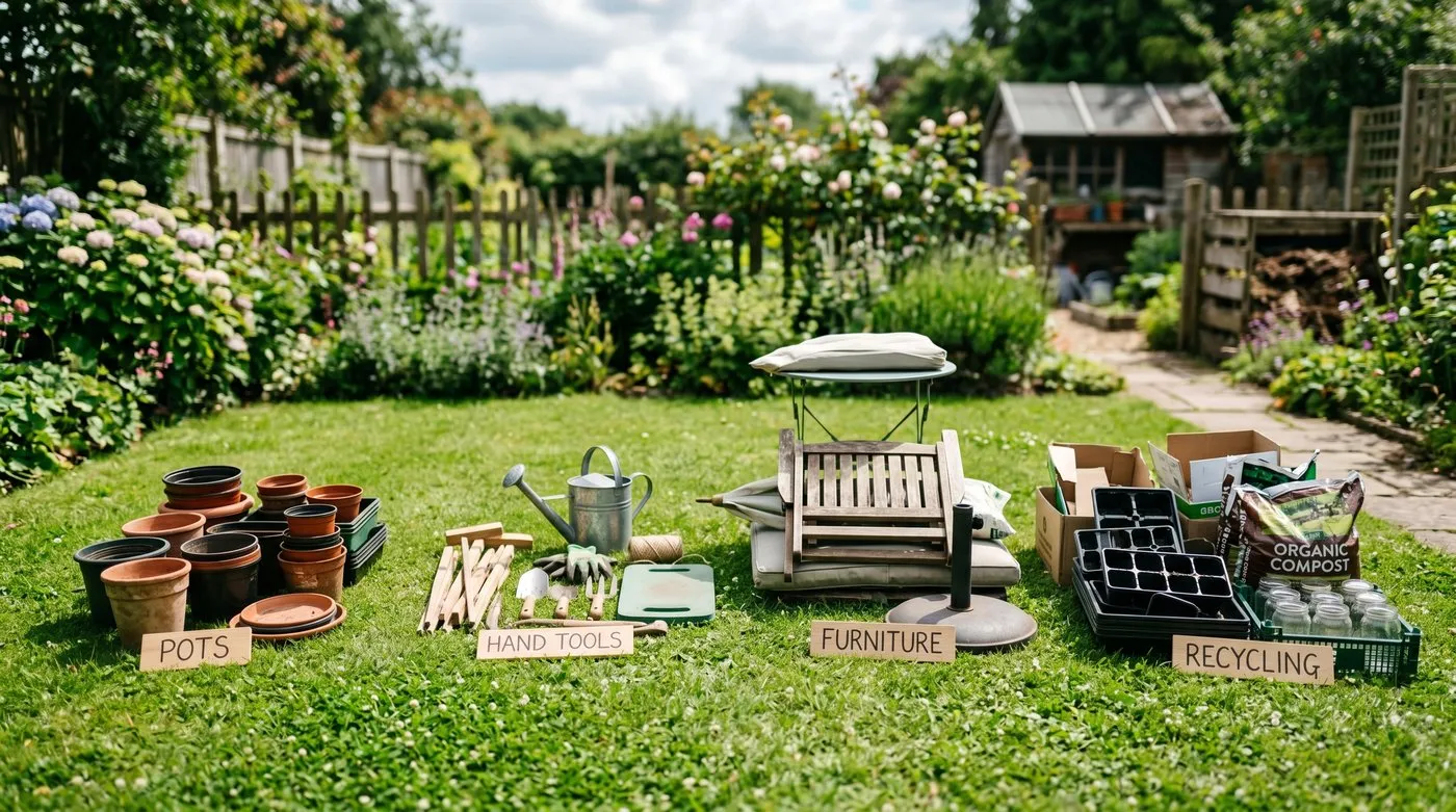 Garden items sorted into four labelled piles of keep, fix, donate and recycle on a lawn