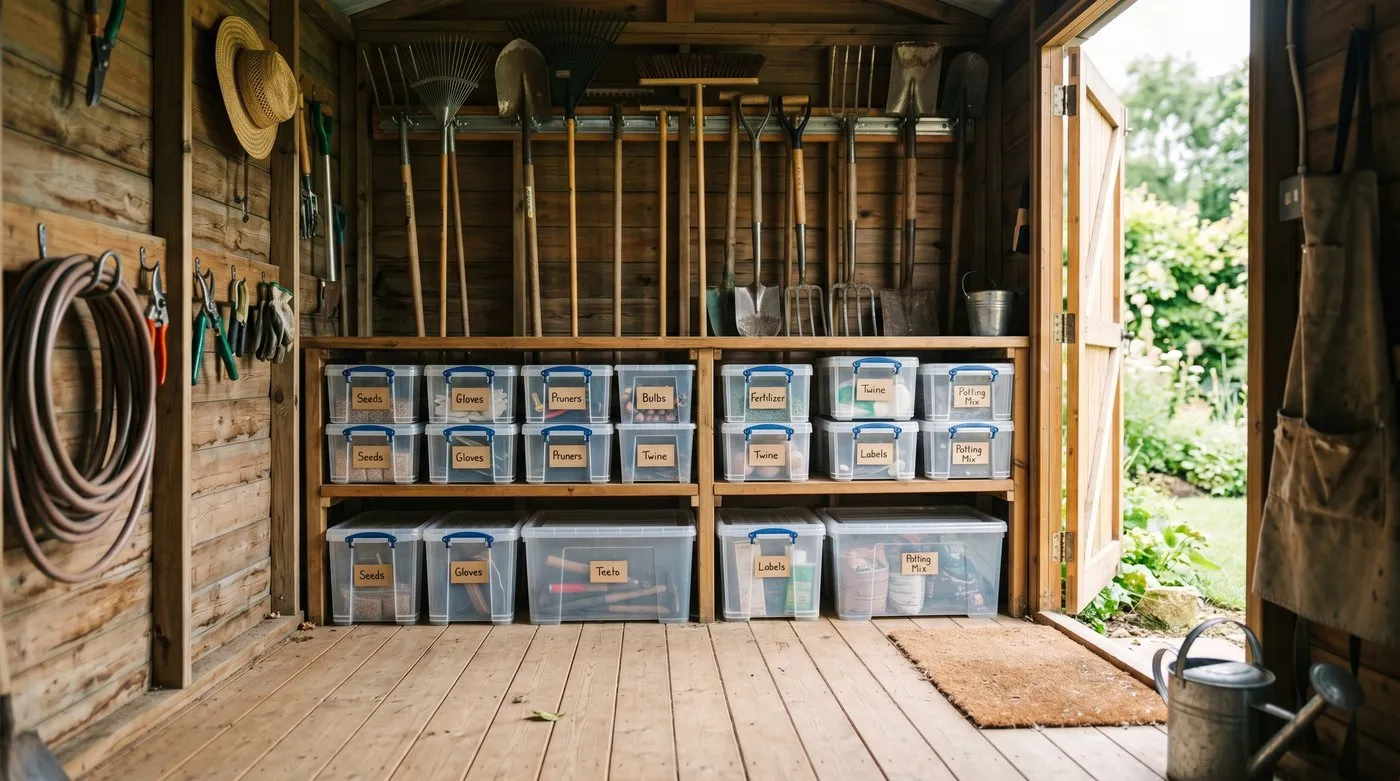 A neatly organised garden shed with tools on wall racks and labelled storage boxes
