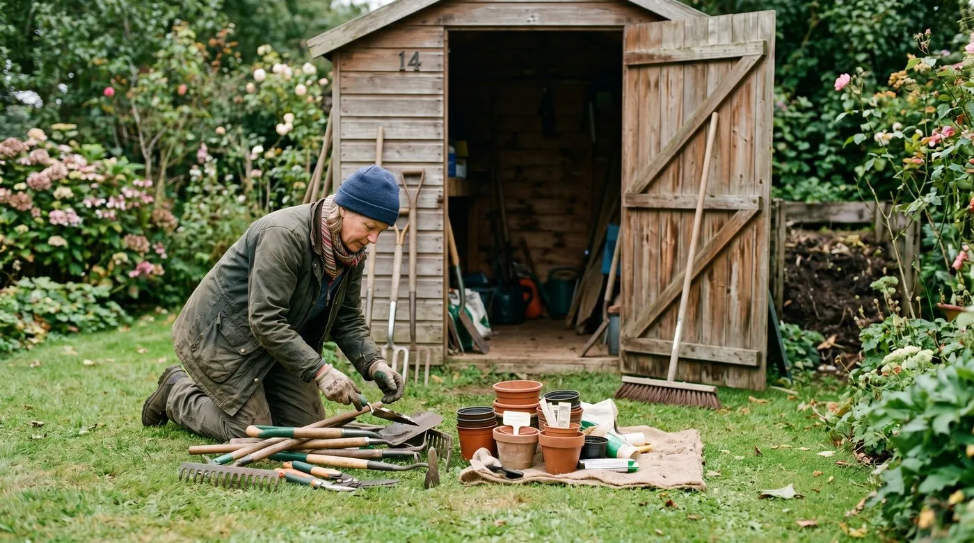 A gardener part-way through tidying one zone of a garden, an emptied shed beside sorted piles