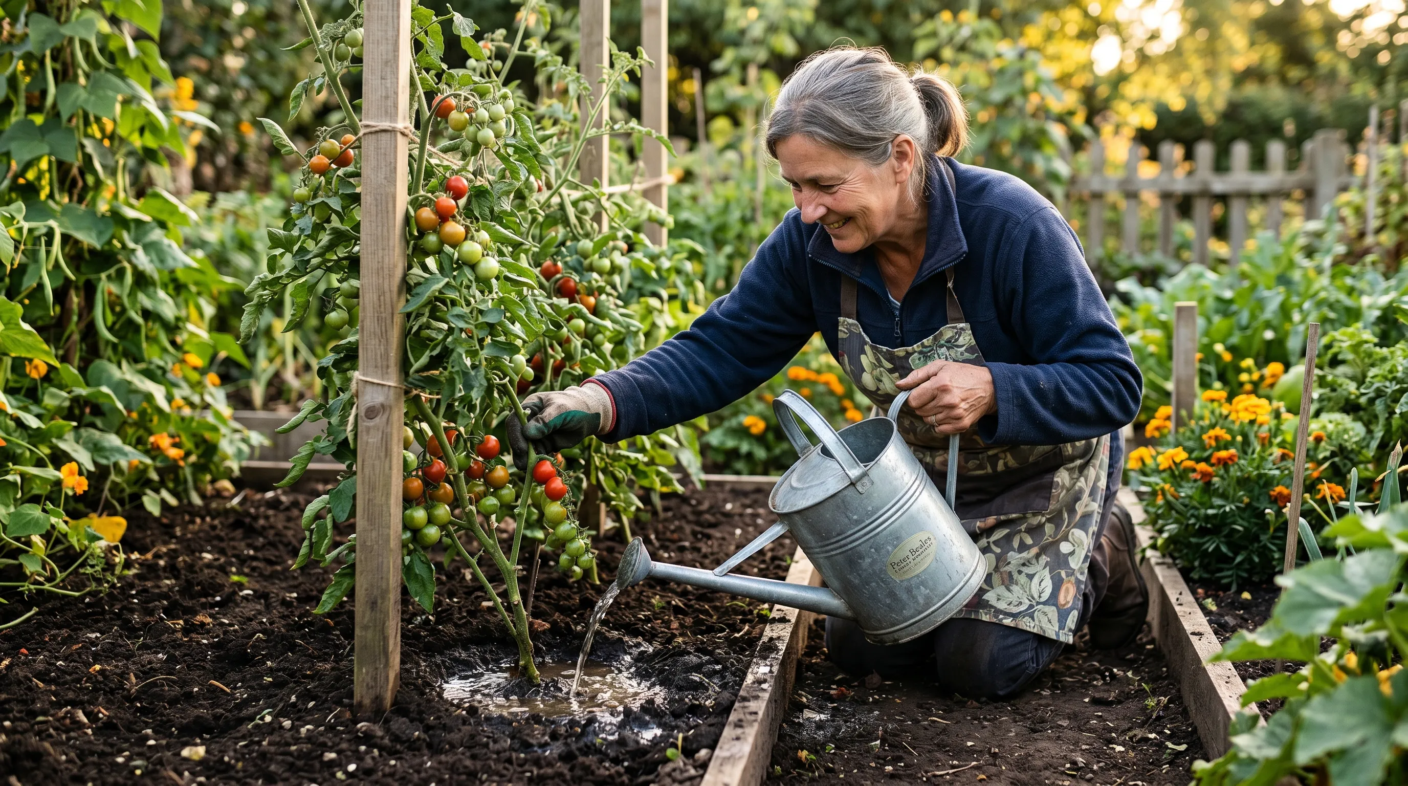 UK gardener watering a tomato plant deeply at the base using a long-spouted watering can - the water visibly soaking into a small hollow scooped at the base of the plant