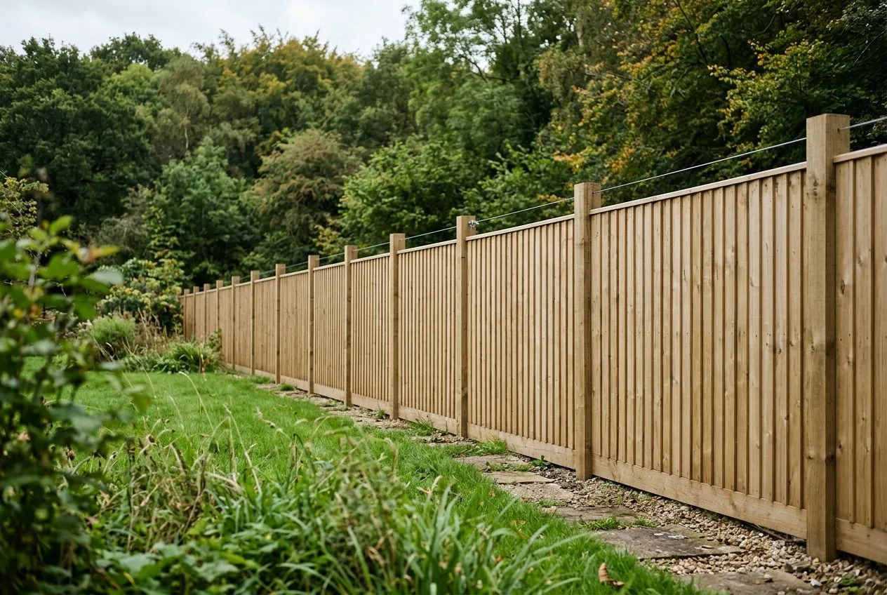 A 1.8 metre tall solid timber deer fence running along the boundary of a rural UK garden, with a tensioned wire line above the panels and woodland on the far side