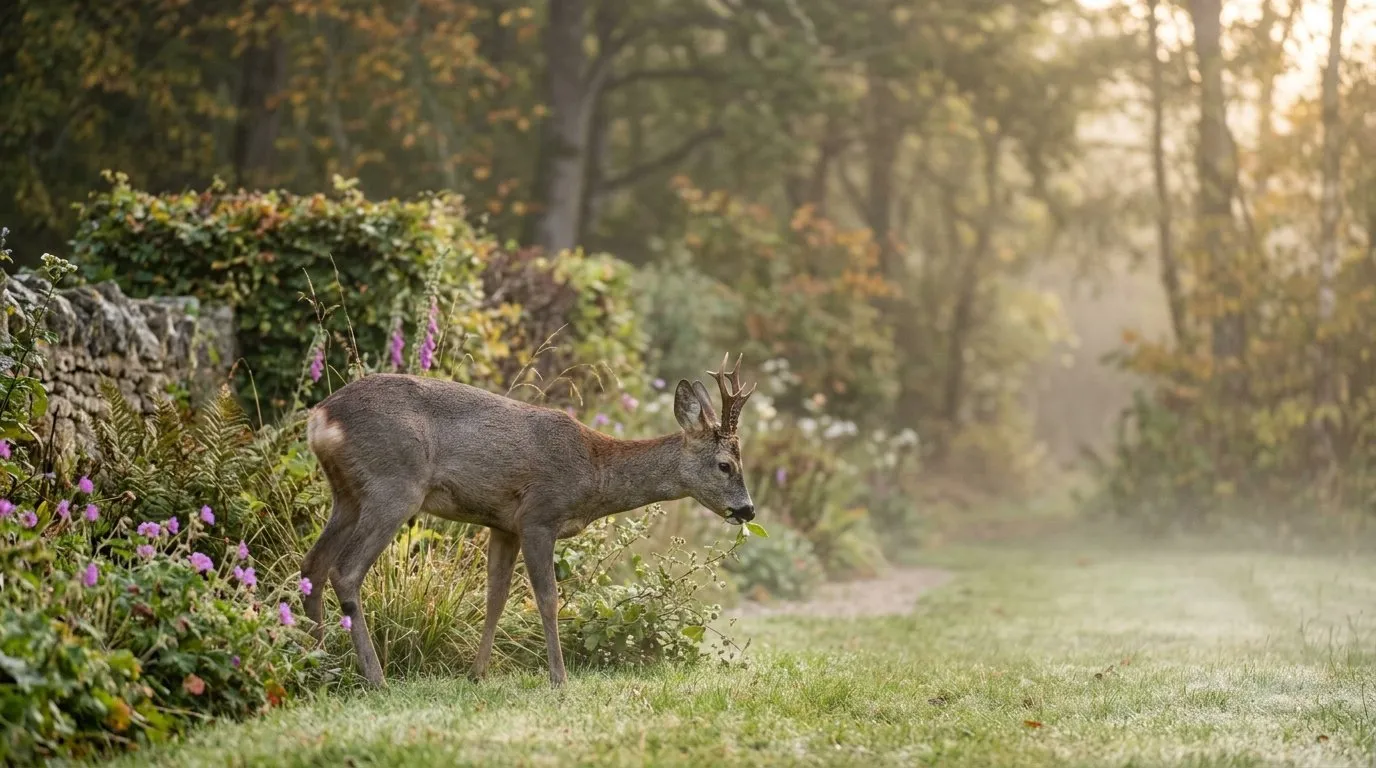 A roe deer standing at the edge of a rural UK garden at dawn, browsing on a low border with woodland behind, illustrating the deer pressure on edge-of-village plots