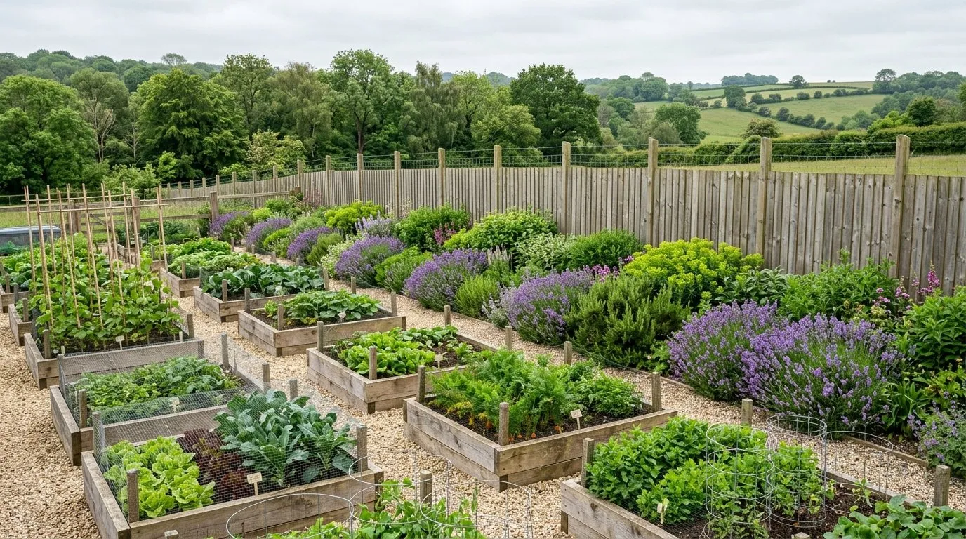 A wide view of a well-planned rural UK garden with a tall boundary fence, a deer-resistant outer border and protected vegetable beds beyond, showing the layered approach to deer defence