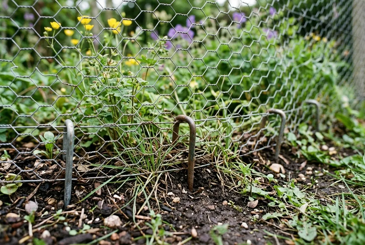 A close-up of the sealed base of a garden deer fence, showing close-mesh netting pinned tight to the soil with metal ground pegs to stop muntjac pushing underneath
