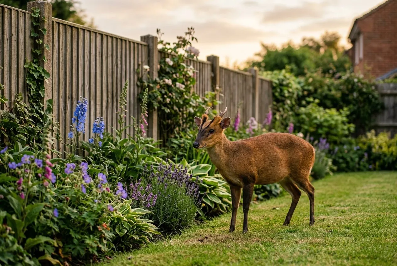 A muntjac deer standing on a suburban back lawn beside a flower border at dusk, hunched dog-sized body and short antlers, in a UK garden with a timber fence behind