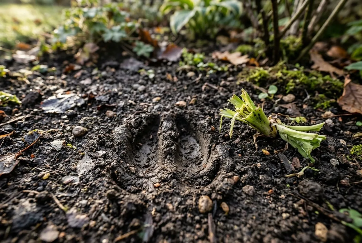 A close-up of fresh deer slot hoof prints in soft damp soil in a UK garden border, with a torn-off plant shoot beside them showing a ragged rather than clean cut
