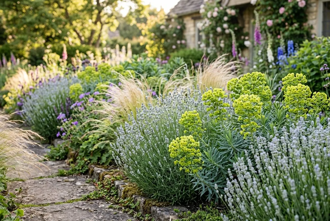 A deer-resistant border in a UK cottage garden planted with silvery lavender, structural euphorbia and ornamental grasses, the kind of aromatic and tough planting deer leave alone