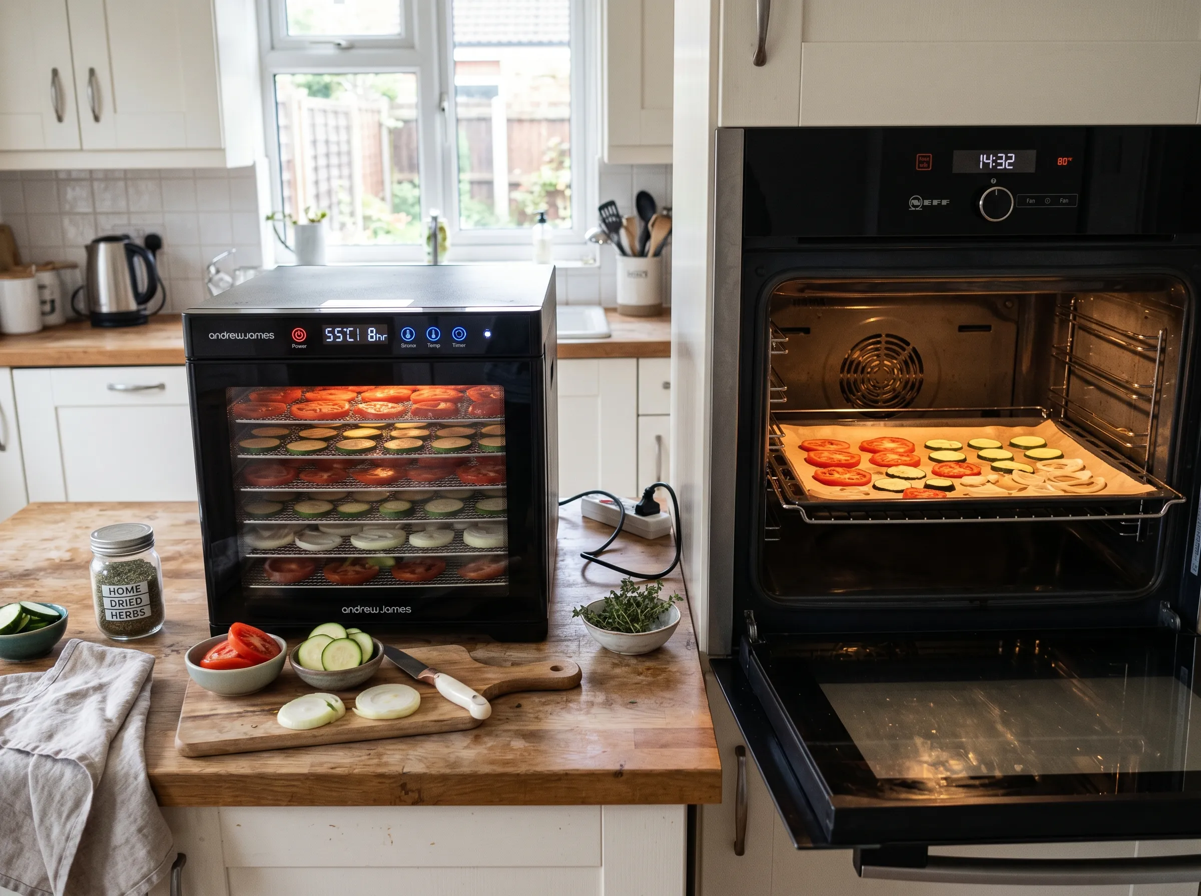 UK kitchen counter showing a dehydrator with five trays loaded with sliced tomatoes courgettes and onions ready for drying, an open oven door next to it with vegetables on a baking tray, demonstrating the two main UK home drying methods